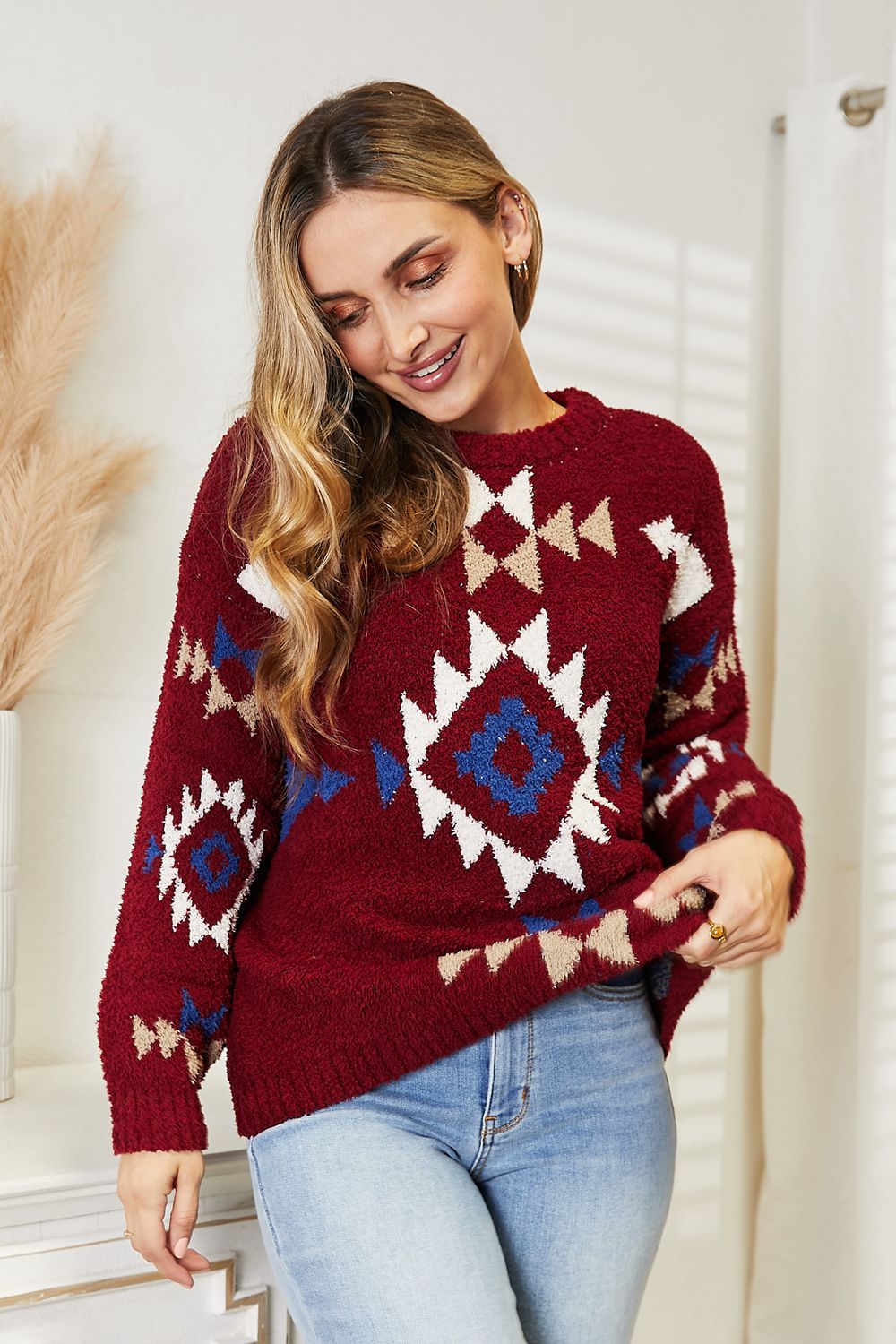 HEYSON - Aztec Pattern Soft Fuzzy Sweater in Burgundy