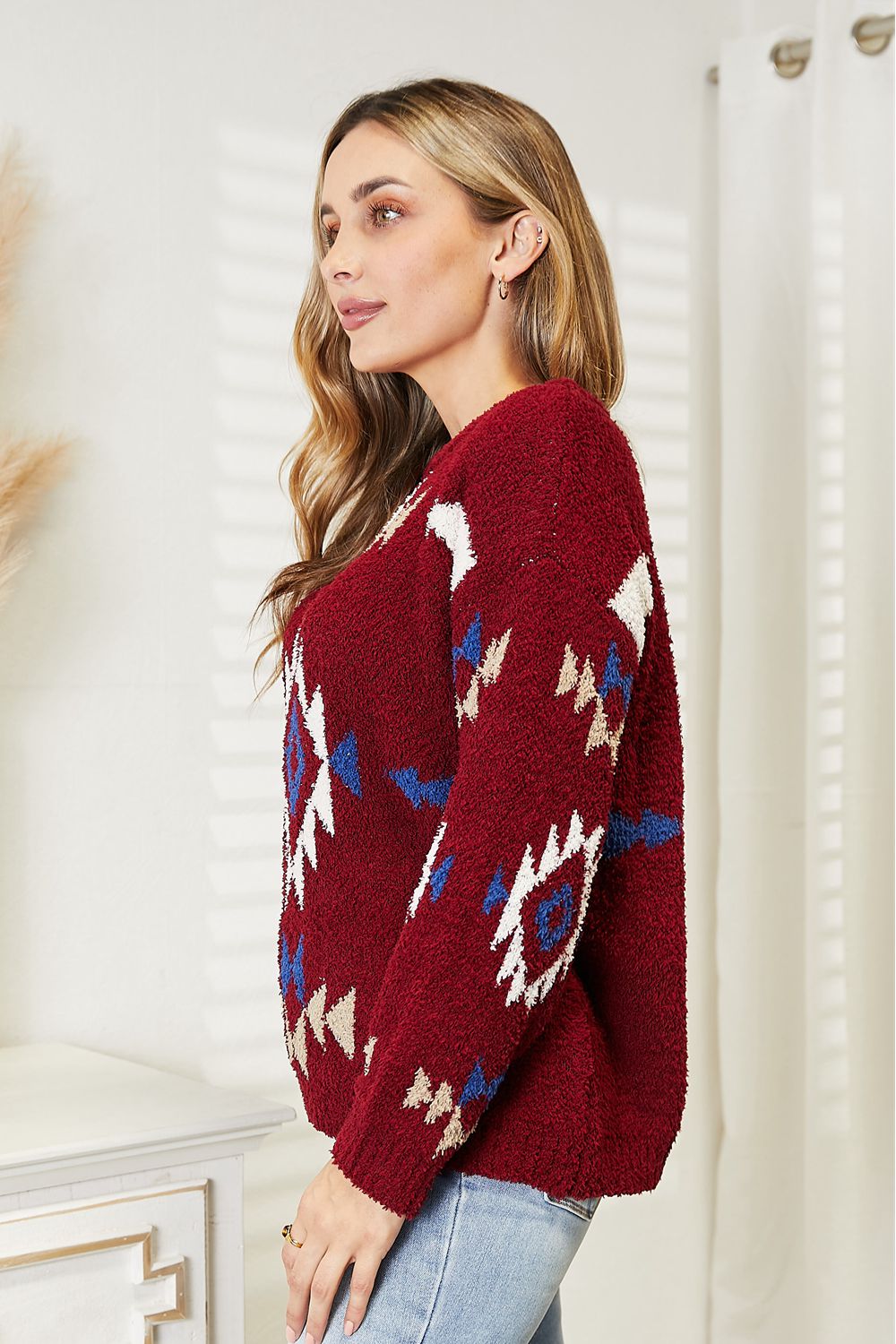 HEYSON - Aztec Pattern Soft Fuzzy Sweater in Burgundy