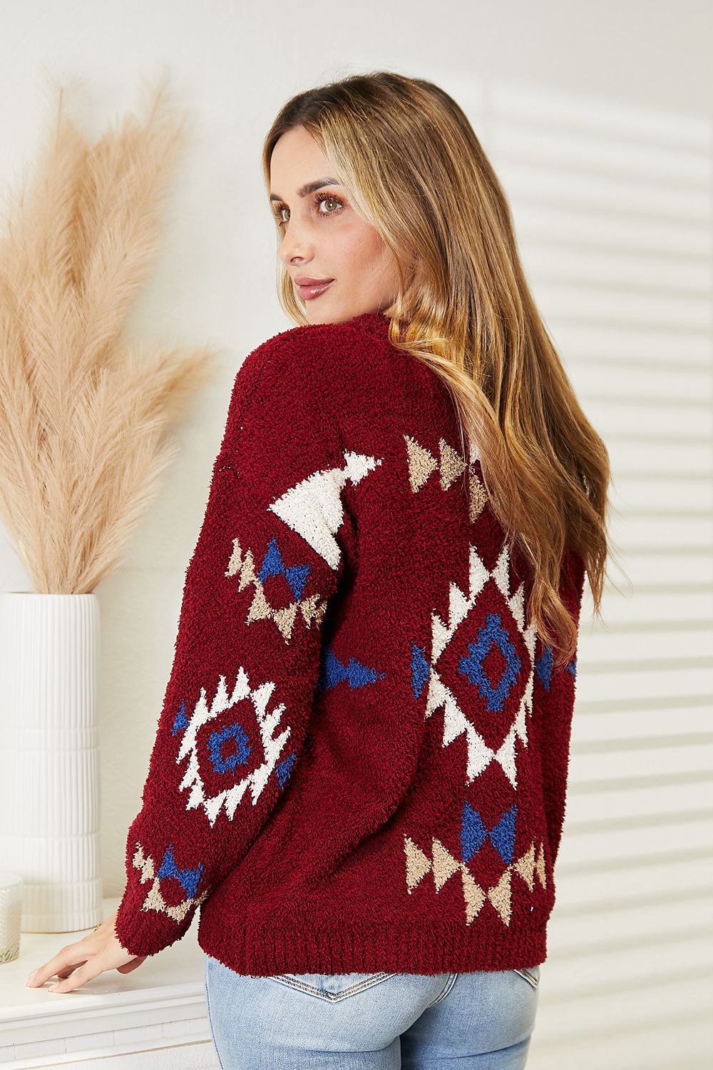 HEYSON - Aztec Pattern Soft Fuzzy Sweater in Burgundy