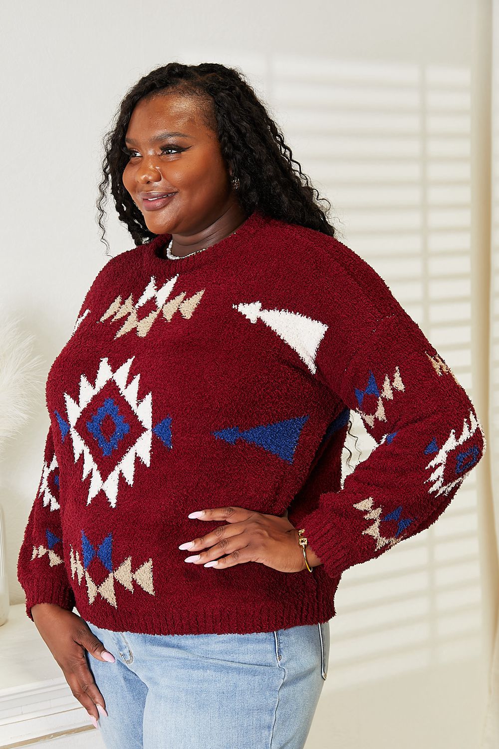 HEYSON - Aztec Pattern Soft Fuzzy Sweater in Burgundy