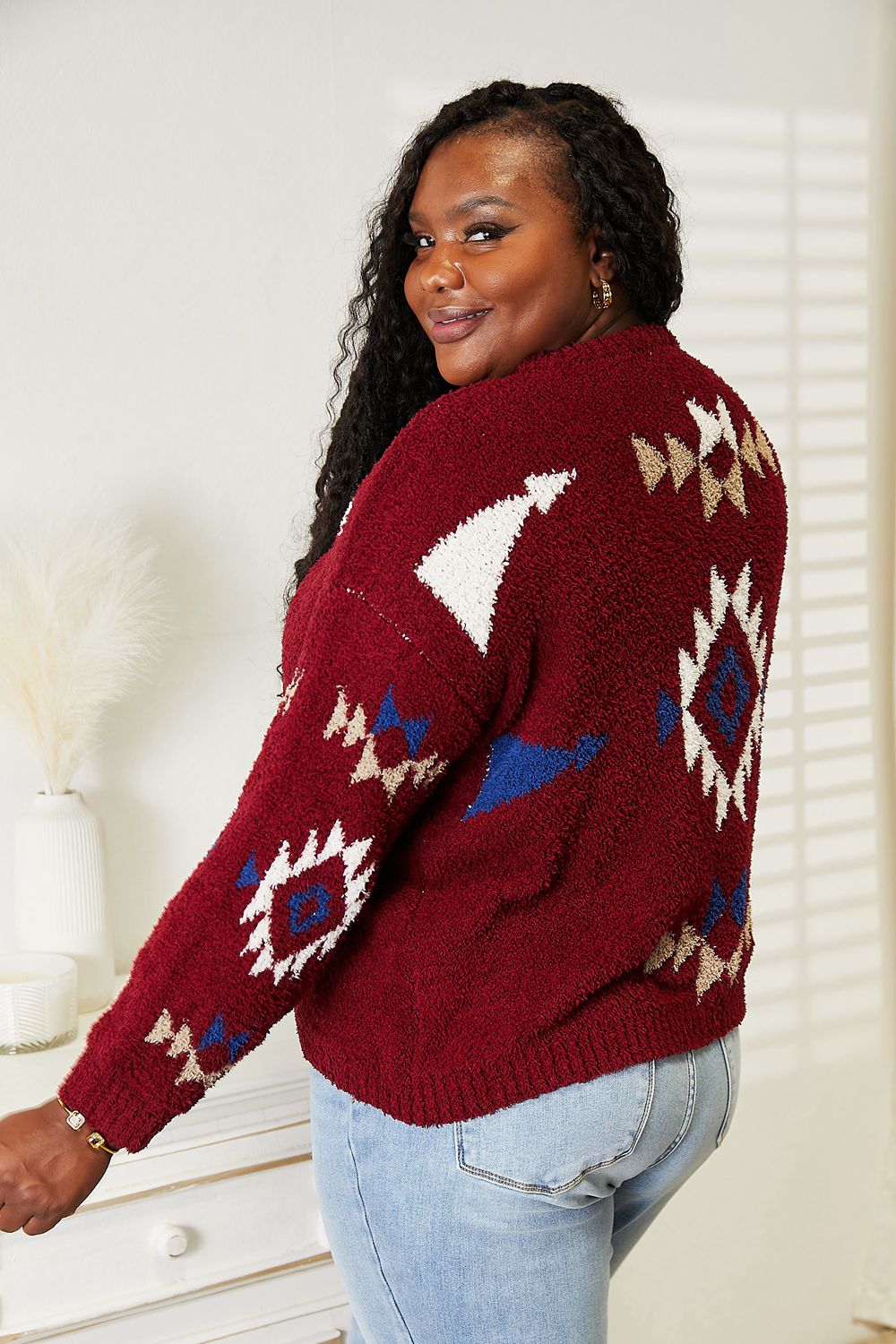 HEYSON - Aztec Pattern Soft Fuzzy Sweater in Burgundy