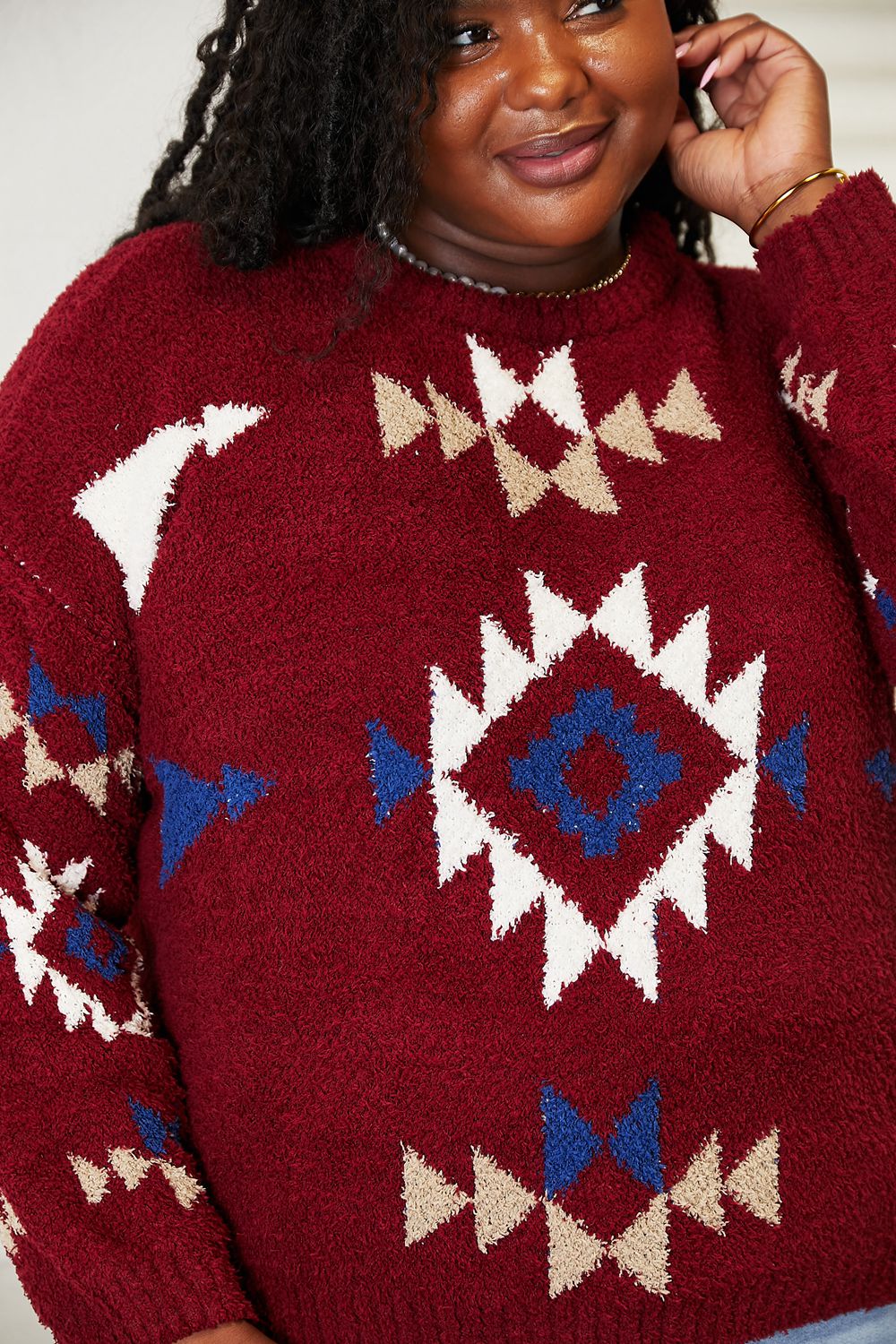 HEYSON - Aztec Pattern Soft Fuzzy Sweater in Burgundy