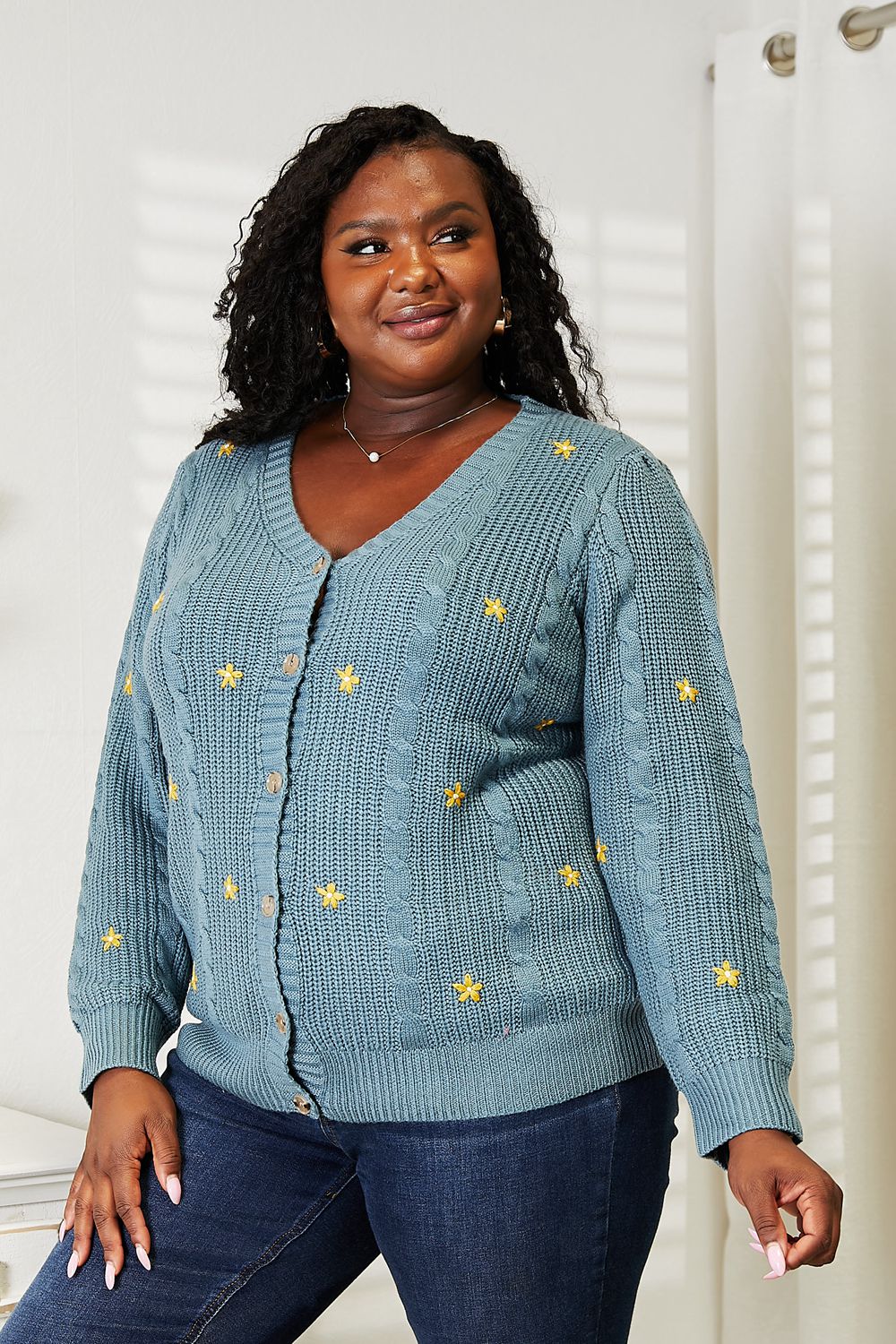 HEYSON - Floral Embroidered Cable Knit Cardigan in Turquoise