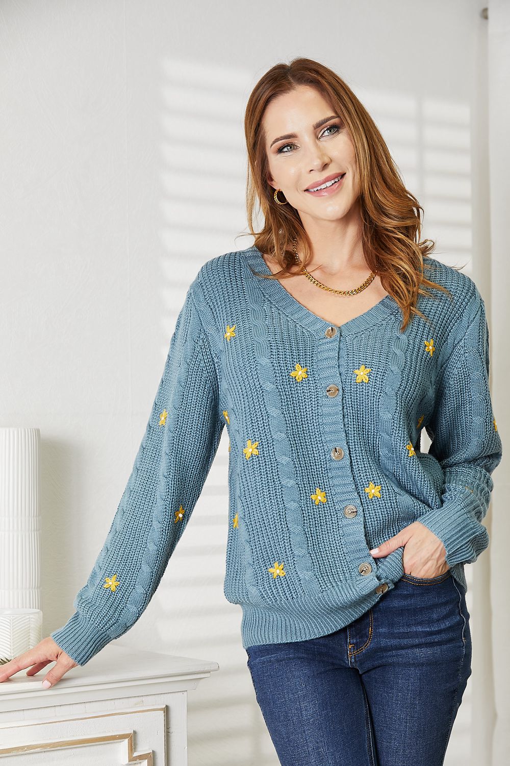 HEYSON - Floral Embroidered Cable Knit Cardigan in Turquoise