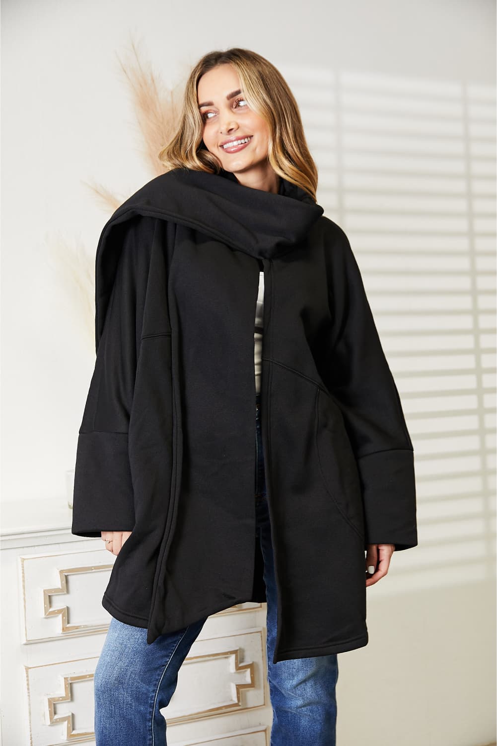 HEYSON - Open Front Scarf Cardigan in Black