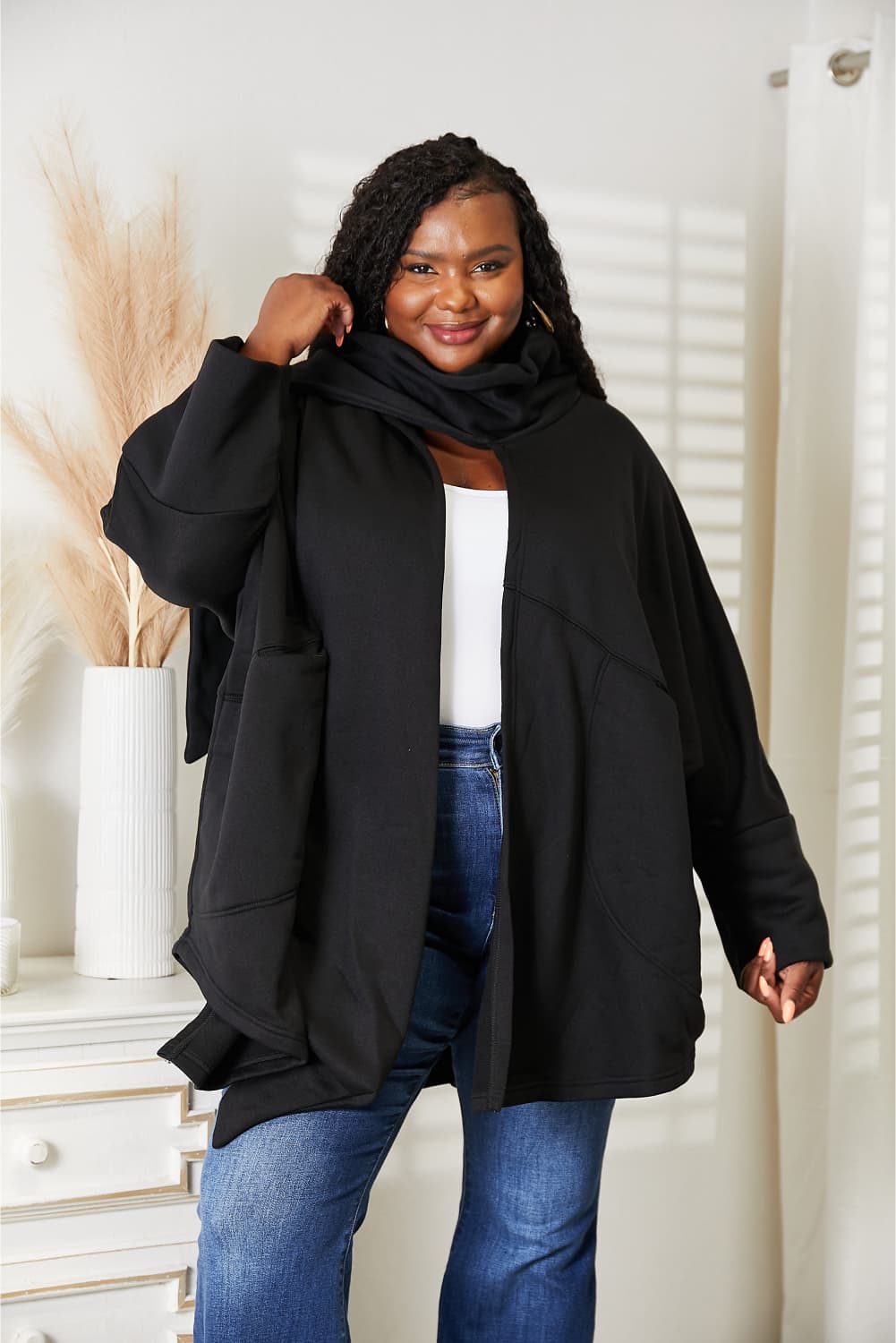 HEYSON - Open Front Scarf Cardigan in Black