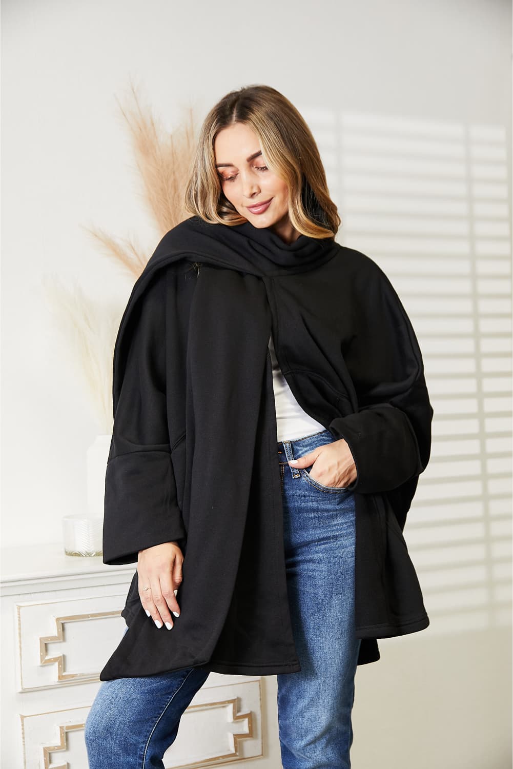 HEYSON - Open Front Scarf Cardigan in Black