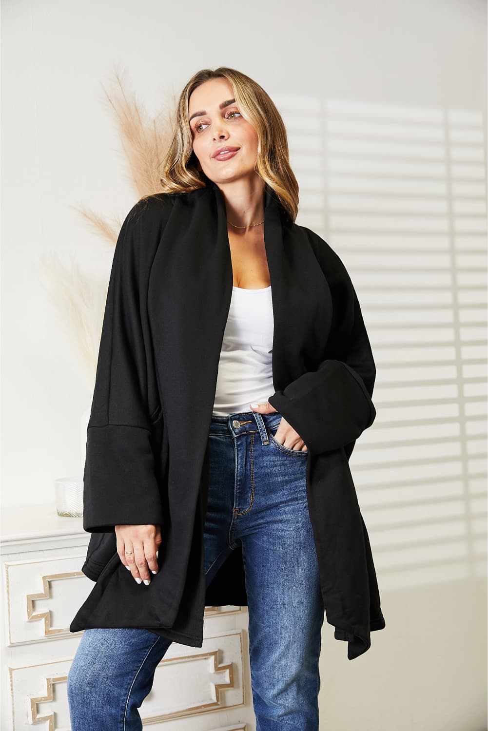 HEYSON - Open Front Scarf Cardigan in Black