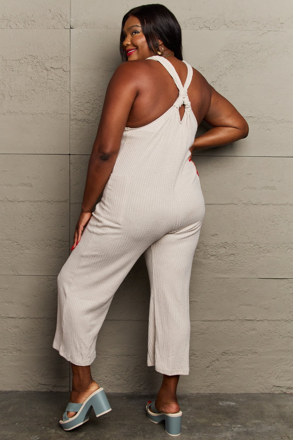 HEYSON - Rib Knit Sleeveless Jumpsuit in Beige