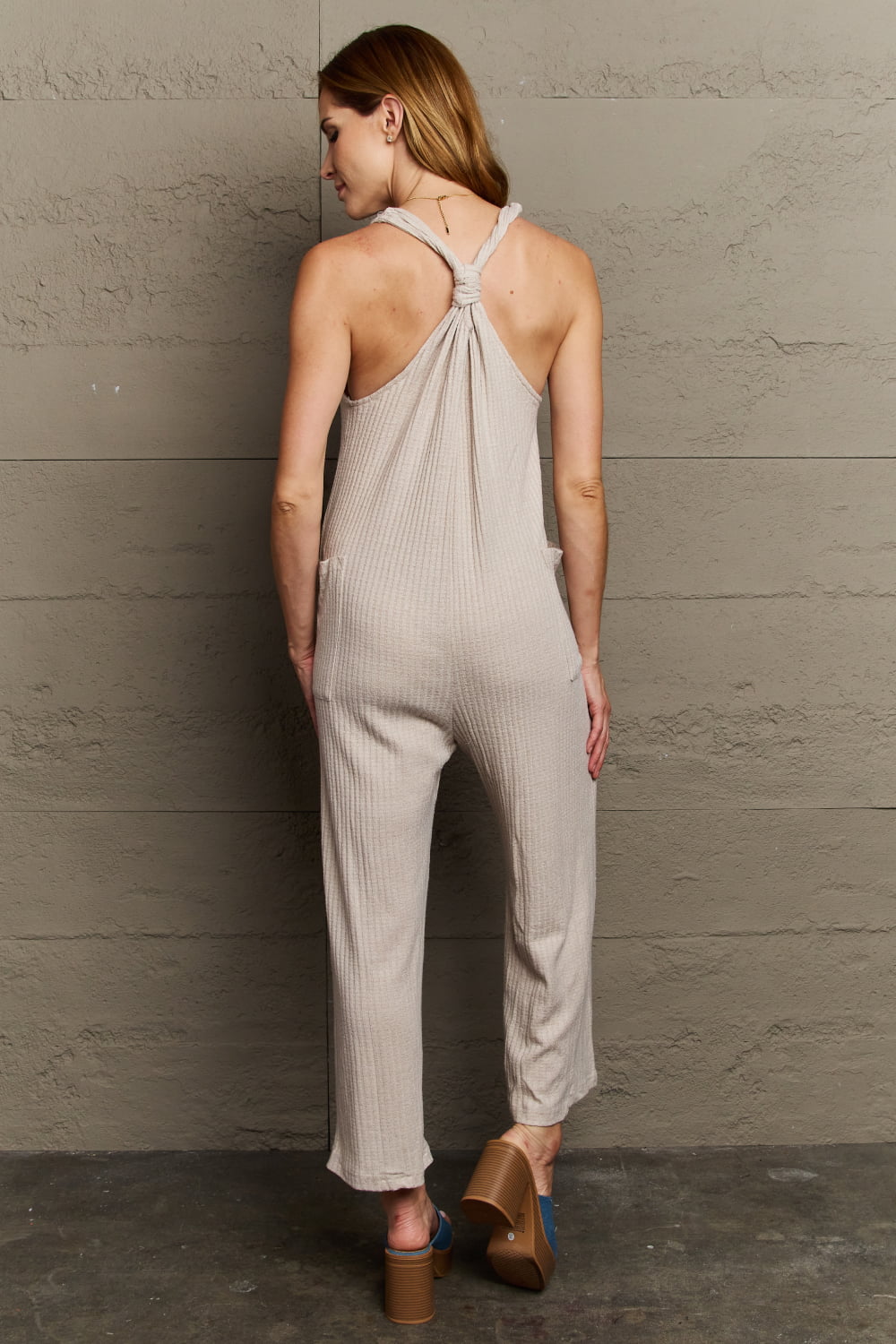 HEYSON - Rib Knit Sleeveless Jumpsuit in Beige