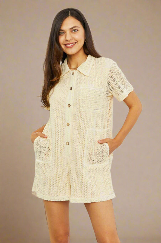 HEYSONShort Sleeve Crochet Romper in Beige