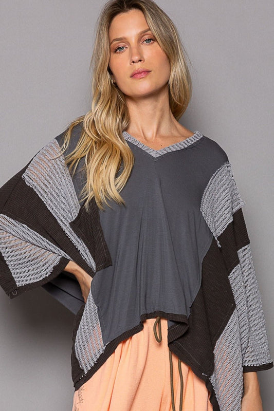 High-Low Contrast V-Neck Top in CharcoalTopPOL