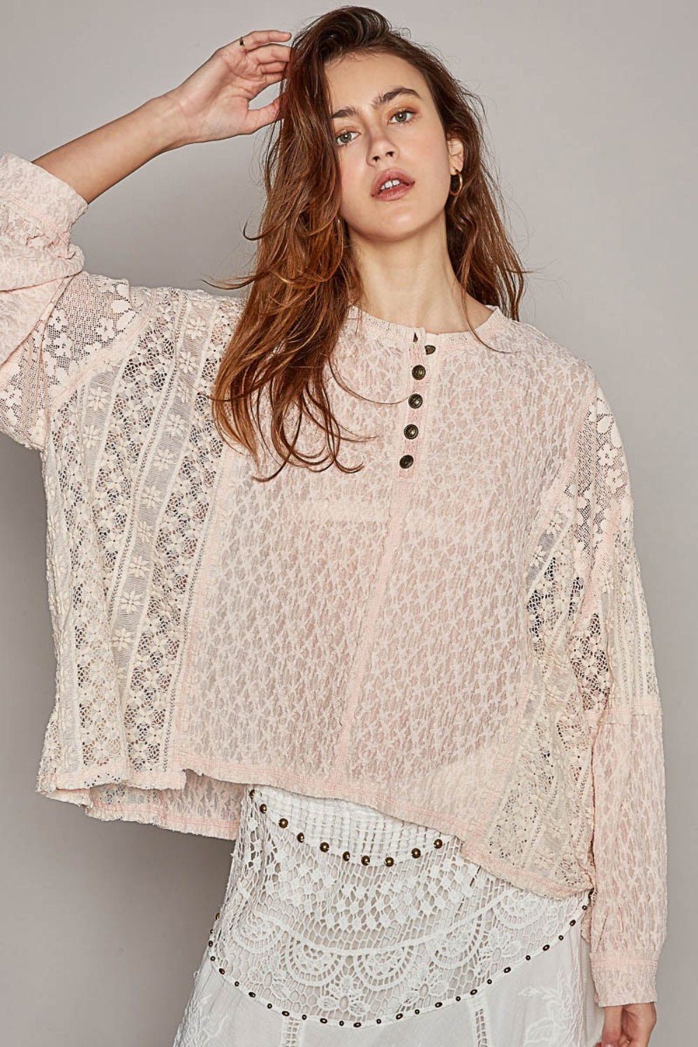 High-Low Long Sleeve Raw Edge Lace Tunic Top in BlushTopPOL
