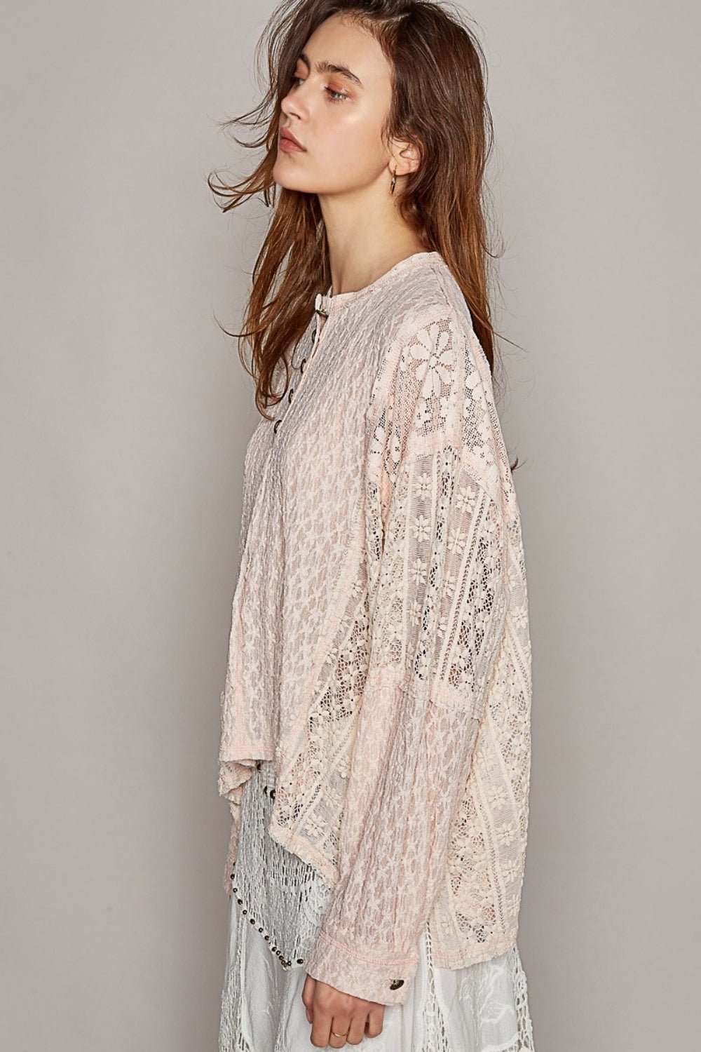 High-Low Long Sleeve Raw Edge Lace Tunic Top in BlushTopPOL