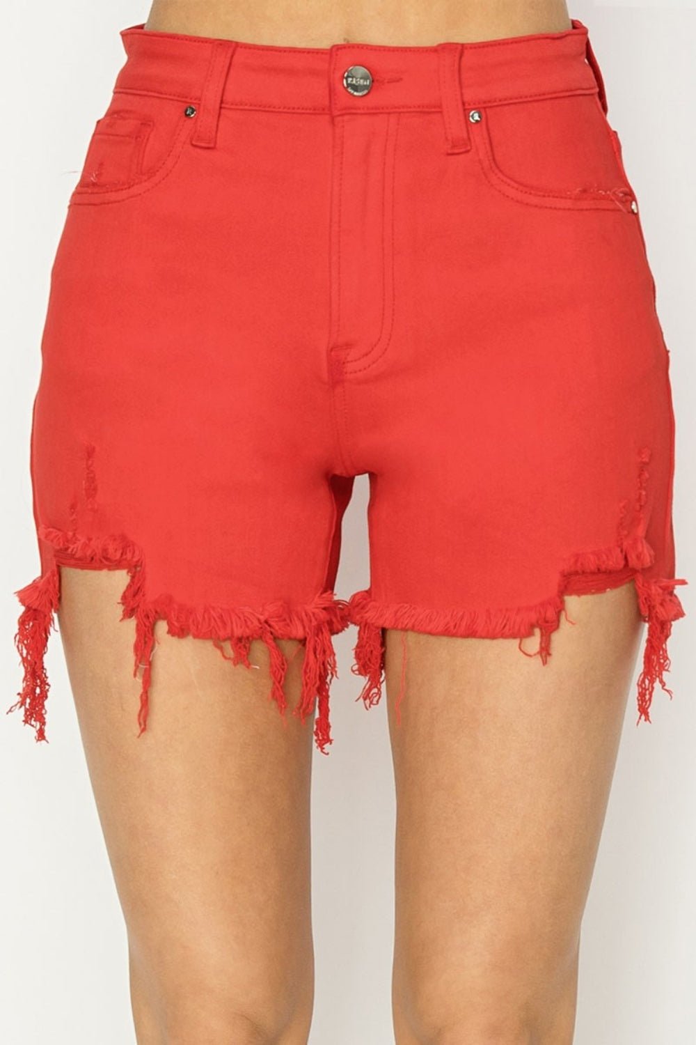 High Rise Distressed Denim Shorts in FiestaShortsRISEN