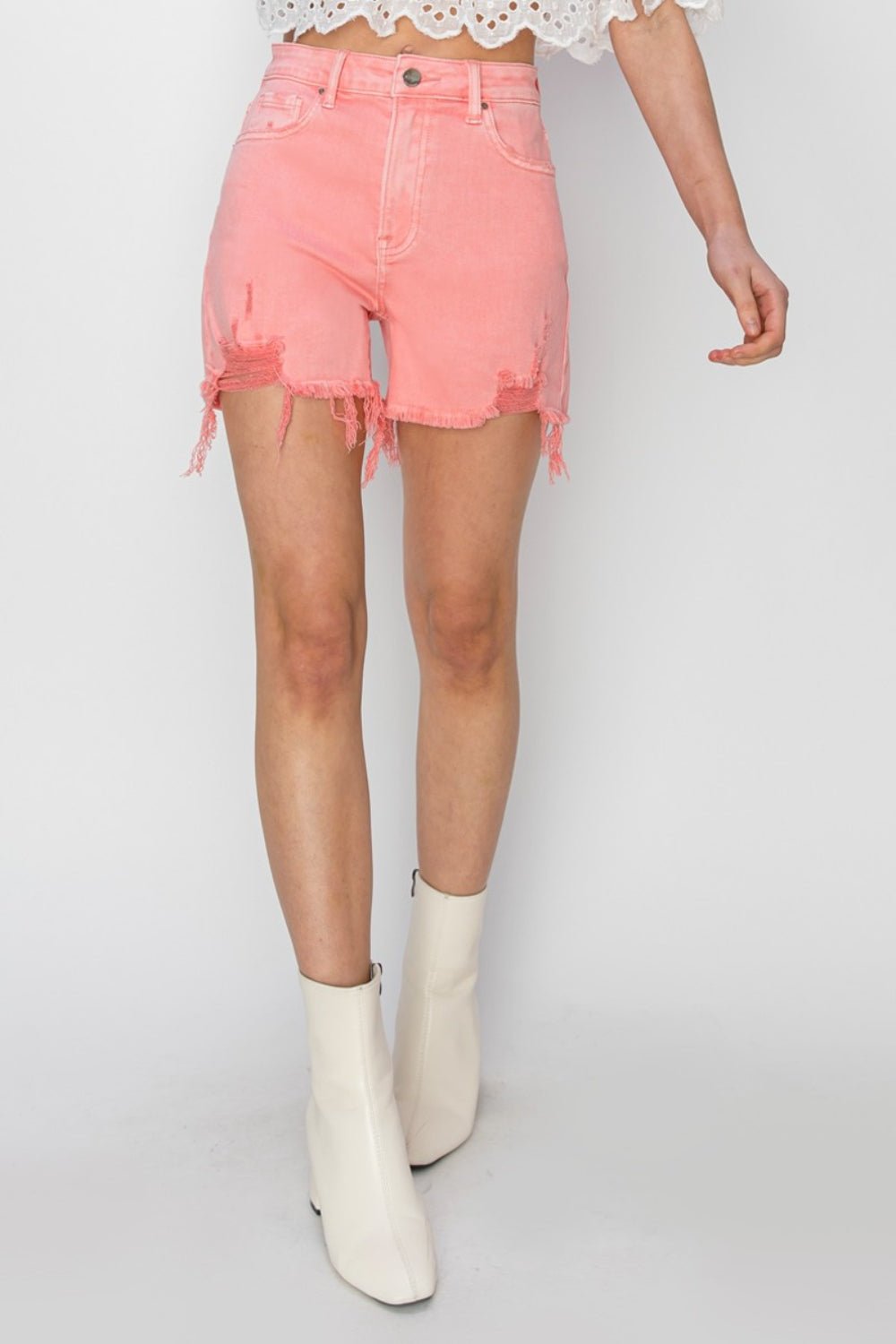 High Rise Distressed Denim Shorts in FlamingoShortsRISEN