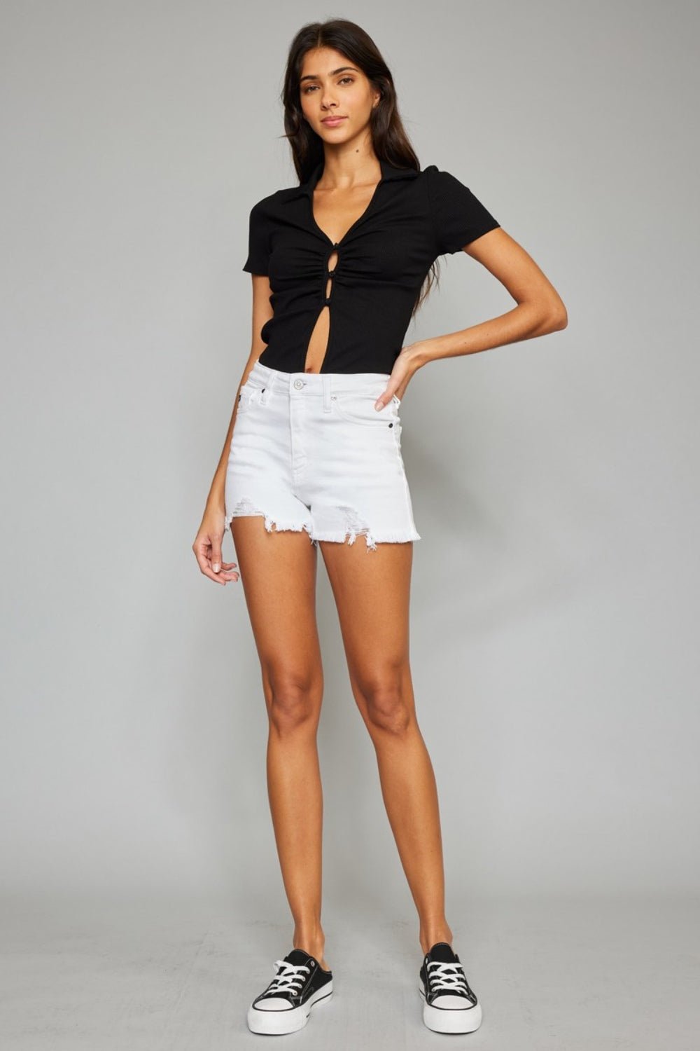 High Rise Frayed Hem Denim Shorts in WhiteShortsKancan