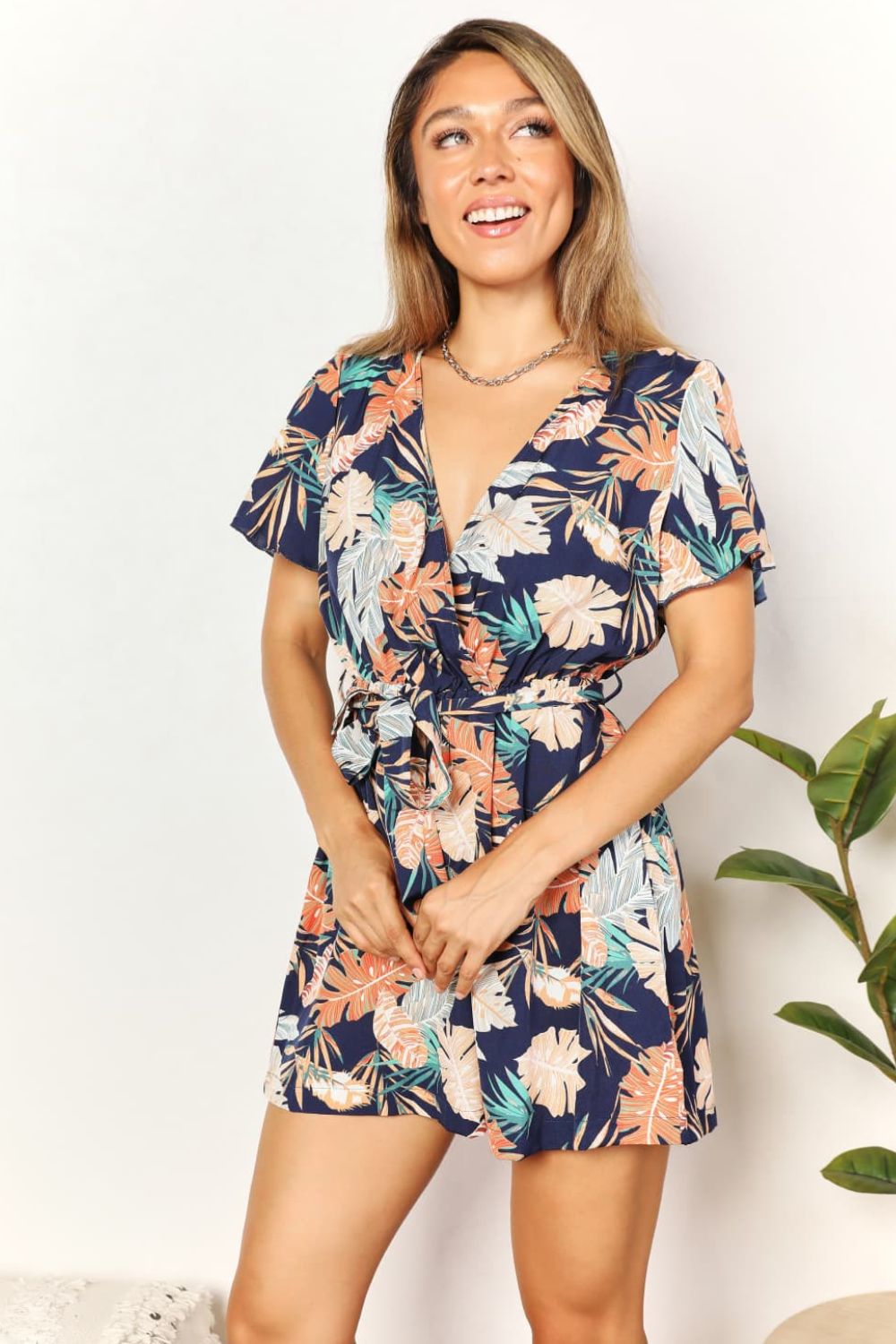 HONEY - Multicolor Botanical Print Short Sleeve Wrap Romper