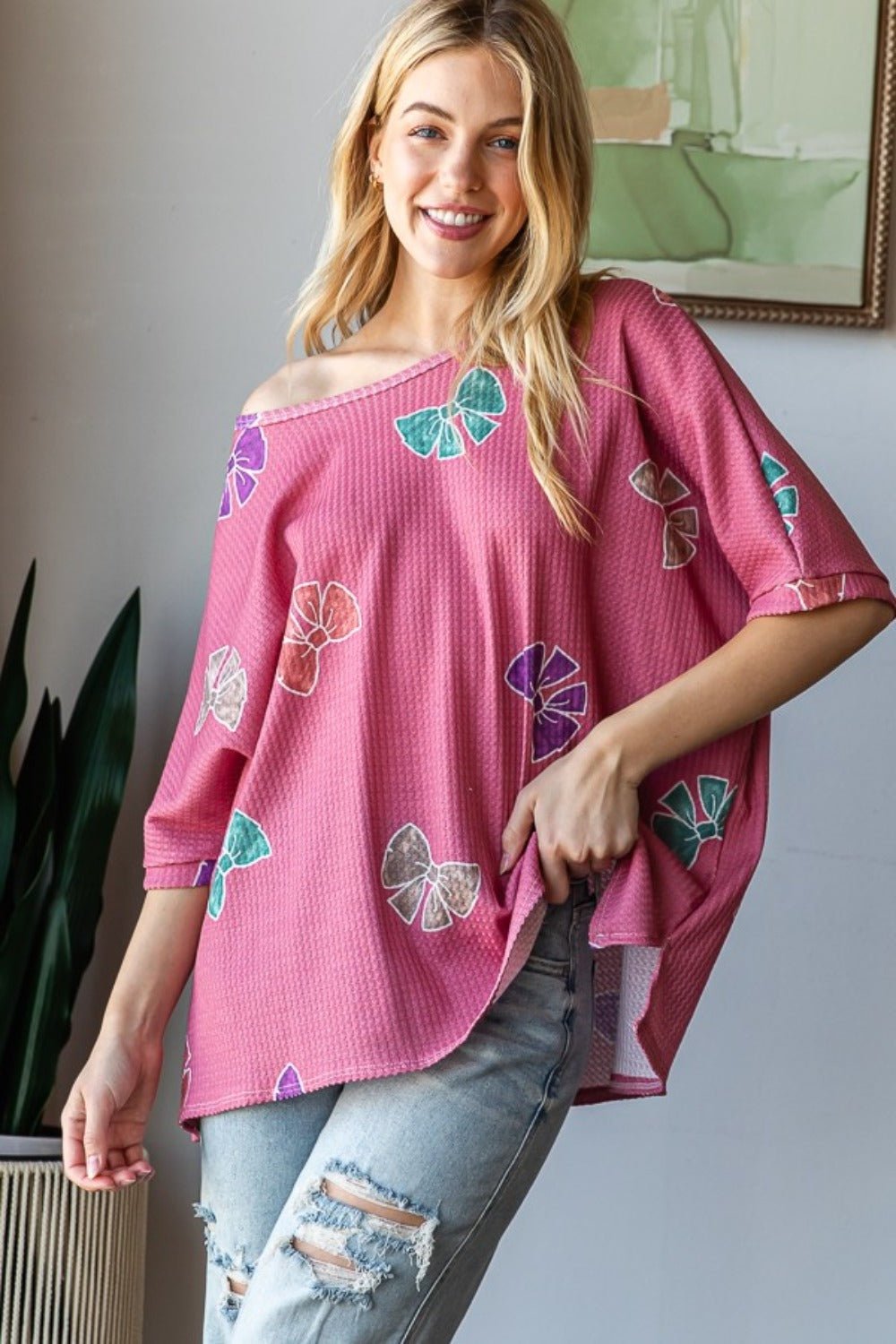 HOPELY - Bow Print Waffle Knit Tunic T-Shirt in Mauve