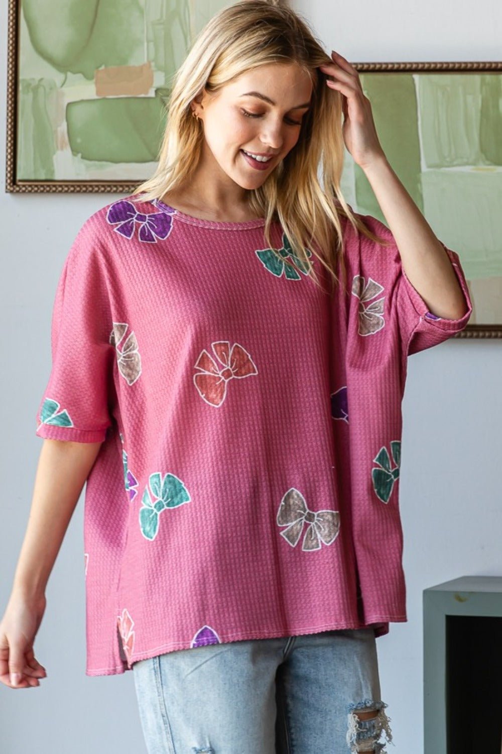 HOPELY - Bow Print Waffle Knit Tunic T-Shirt in Mauve