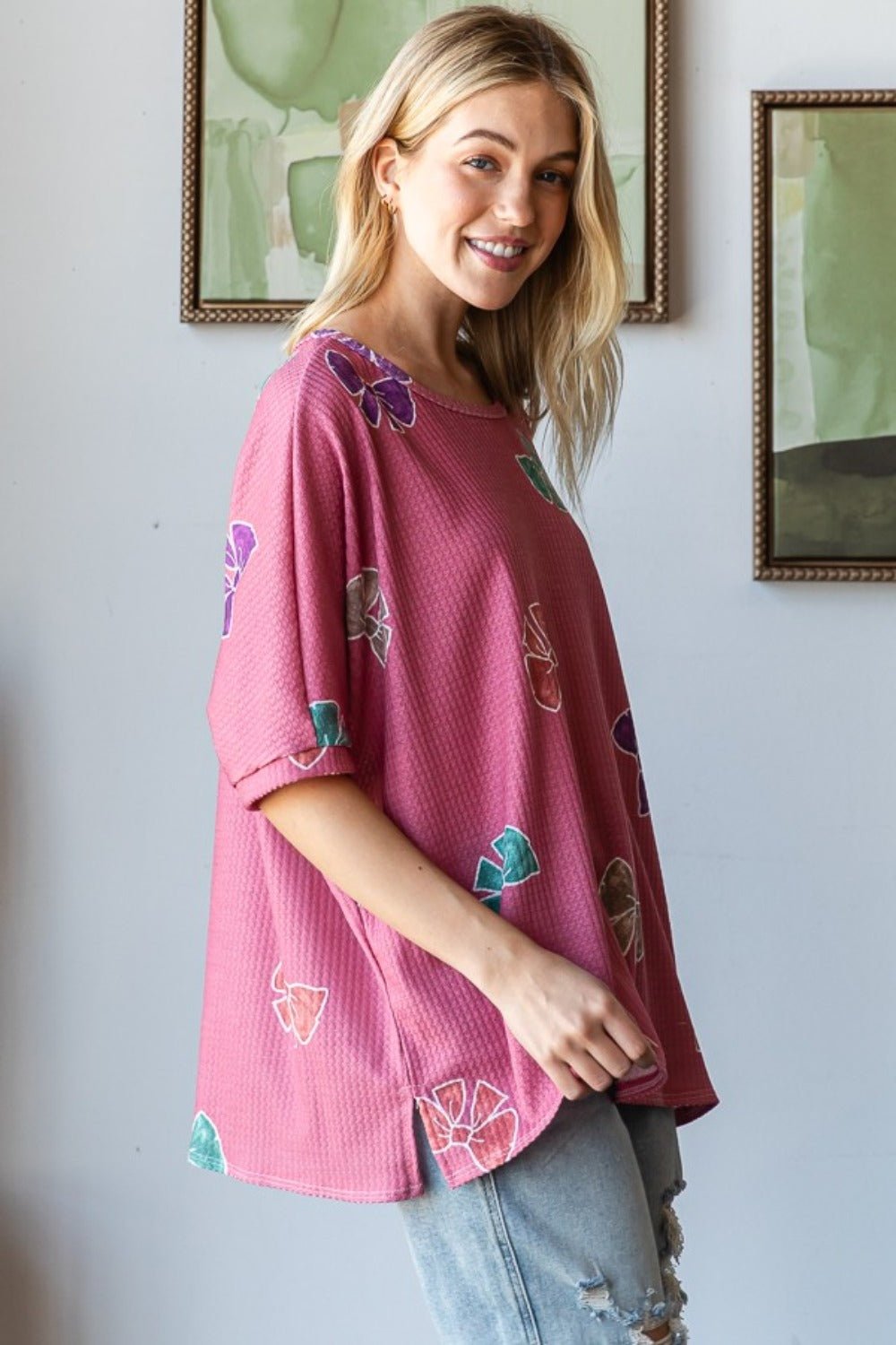 HOPELY - Bow Print Waffle Knit Tunic T-Shirt in Mauve