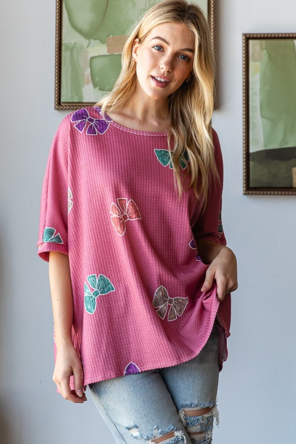 HOPELY - Bow Print Waffle Knit Tunic T-Shirt in Mauve