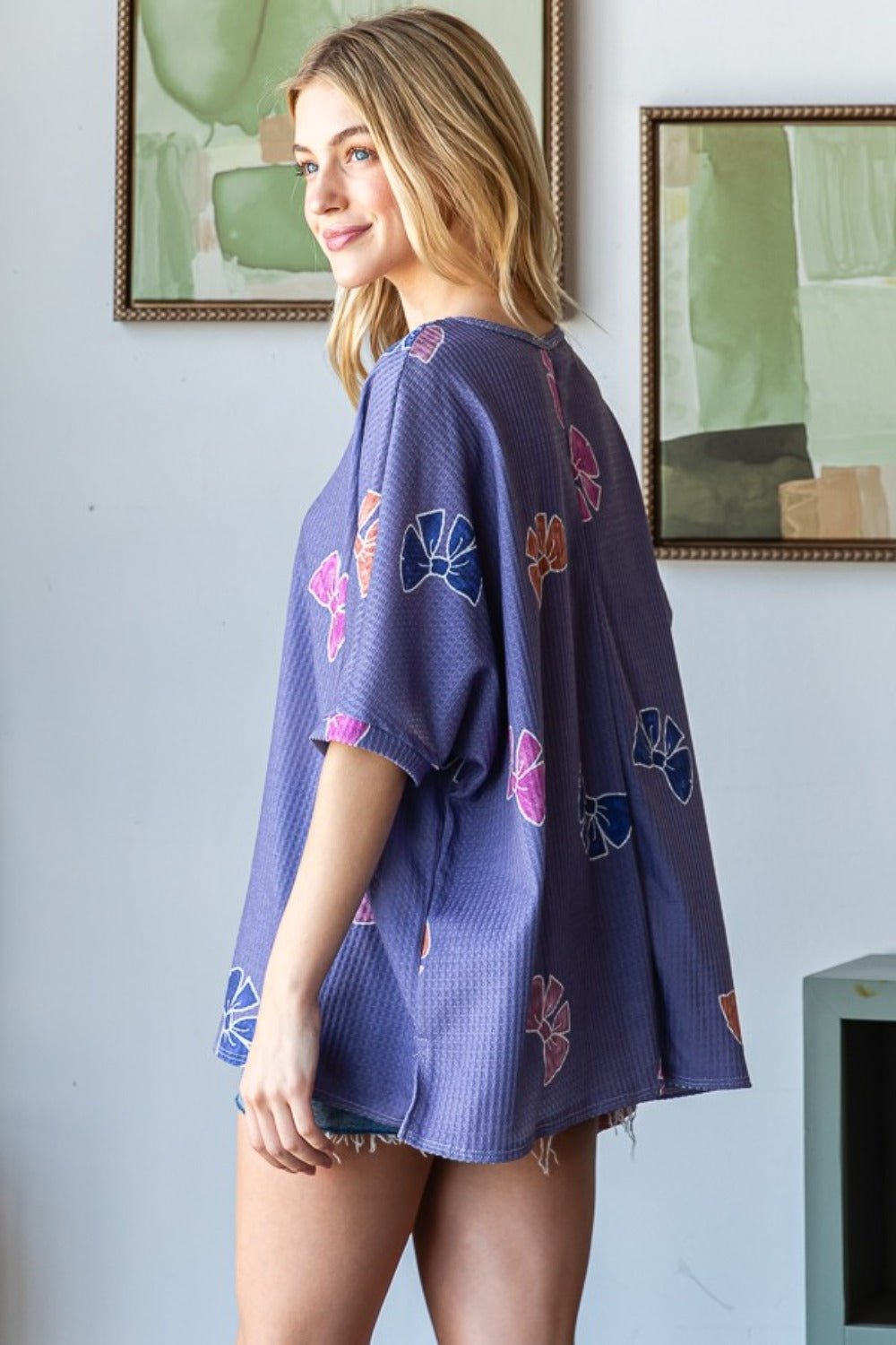 HOPELY - Purple Bow Print Waffle Knit Tunic T-Shirt