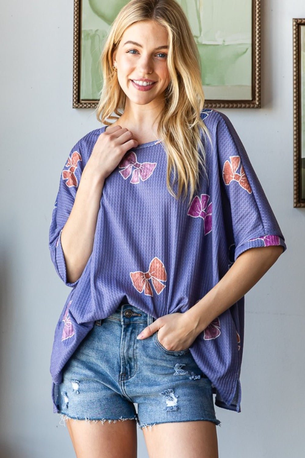 HOPELY - Purple Bow Print Waffle Knit Tunic T-Shirt