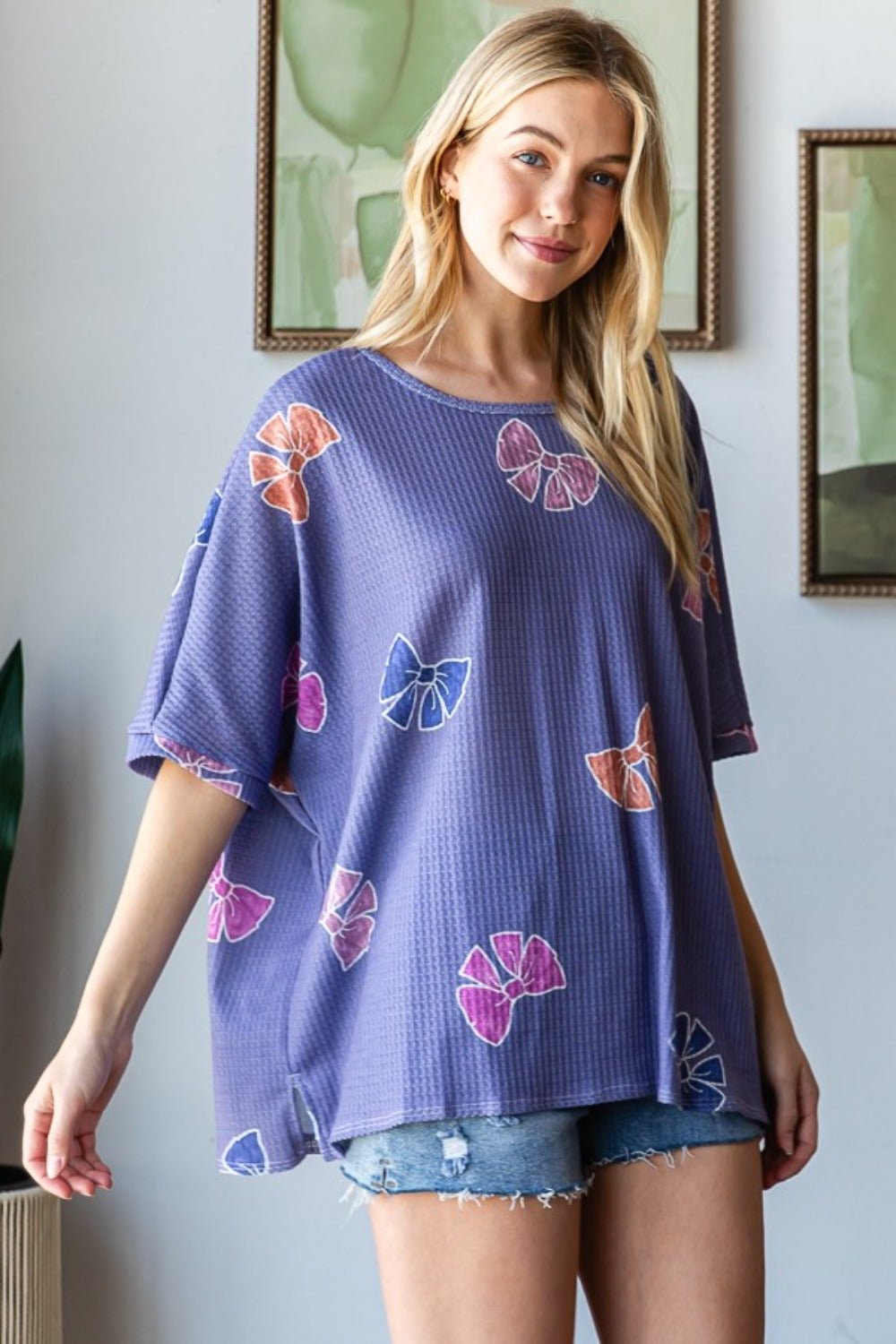 HOPELY - Purple Bow Print Waffle Knit Tunic T-Shirt