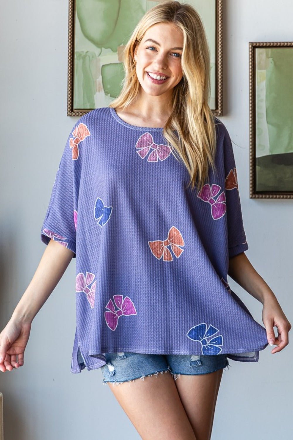 HOPELY - Purple Bow Print Waffle Knit Tunic T-Shirt