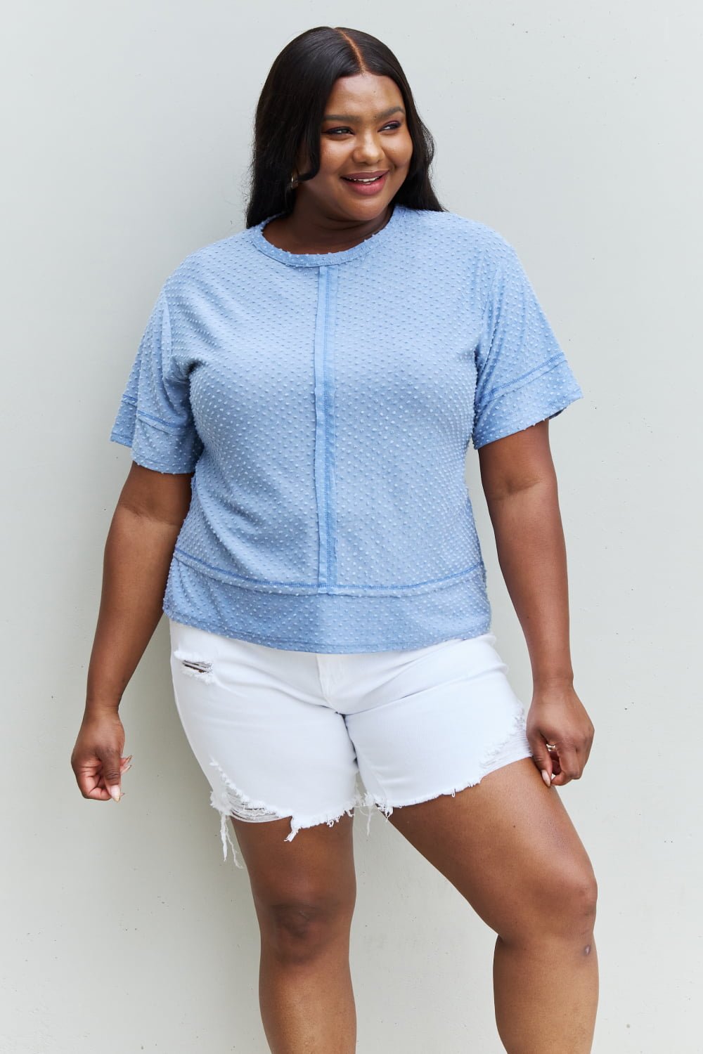 HOPELY - Swiss Dot Short Sleeve Top in Light Blue