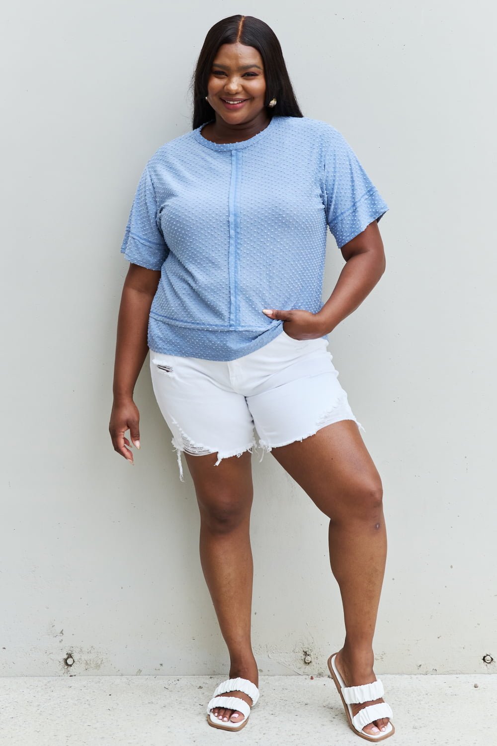 HOPELY - Swiss Dot Short Sleeve Top in Light Blue