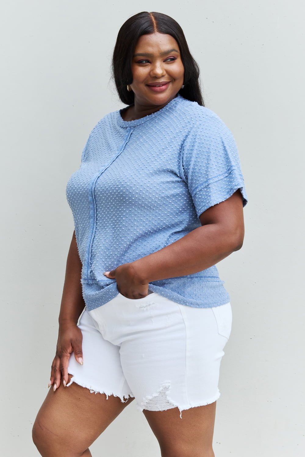 HOPELY - Swiss Dot Short Sleeve Top in Light Blue