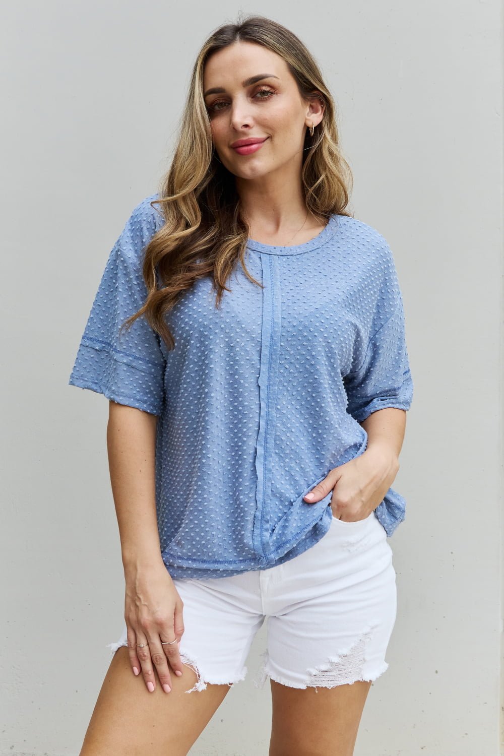 HOPELY - Swiss Dot Short Sleeve Top in Light Blue