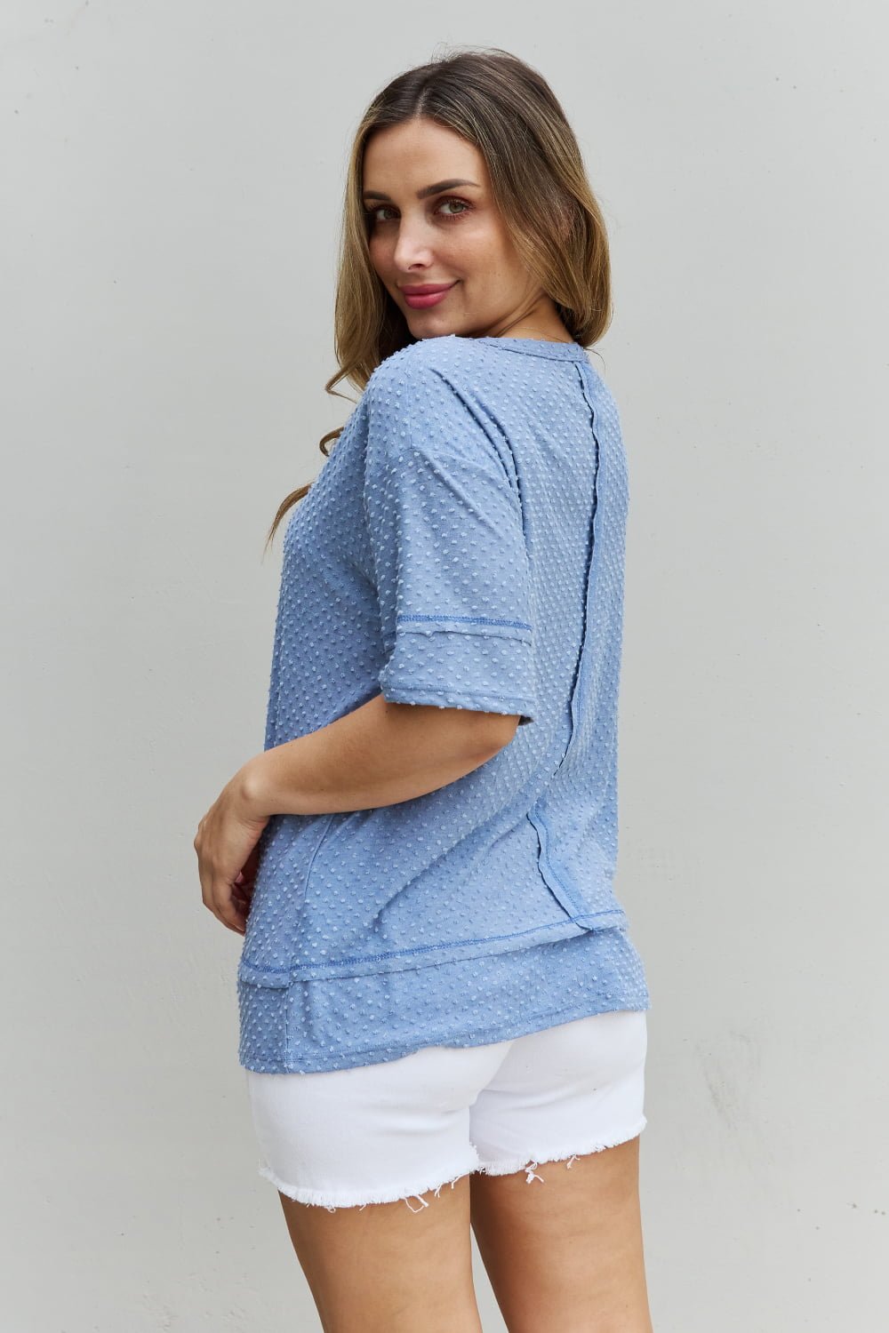 HOPELY - Swiss Dot Short Sleeve Top in Light Blue