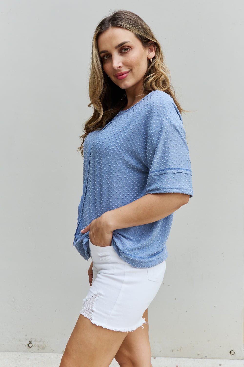 HOPELY - Swiss Dot Short Sleeve Top in Light Blue