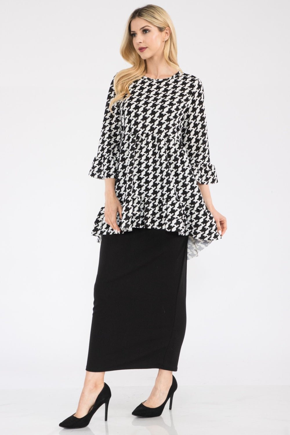 Houndstooth Flounce Sleeve High-Low Hem Peplum TopTopCeleste Design