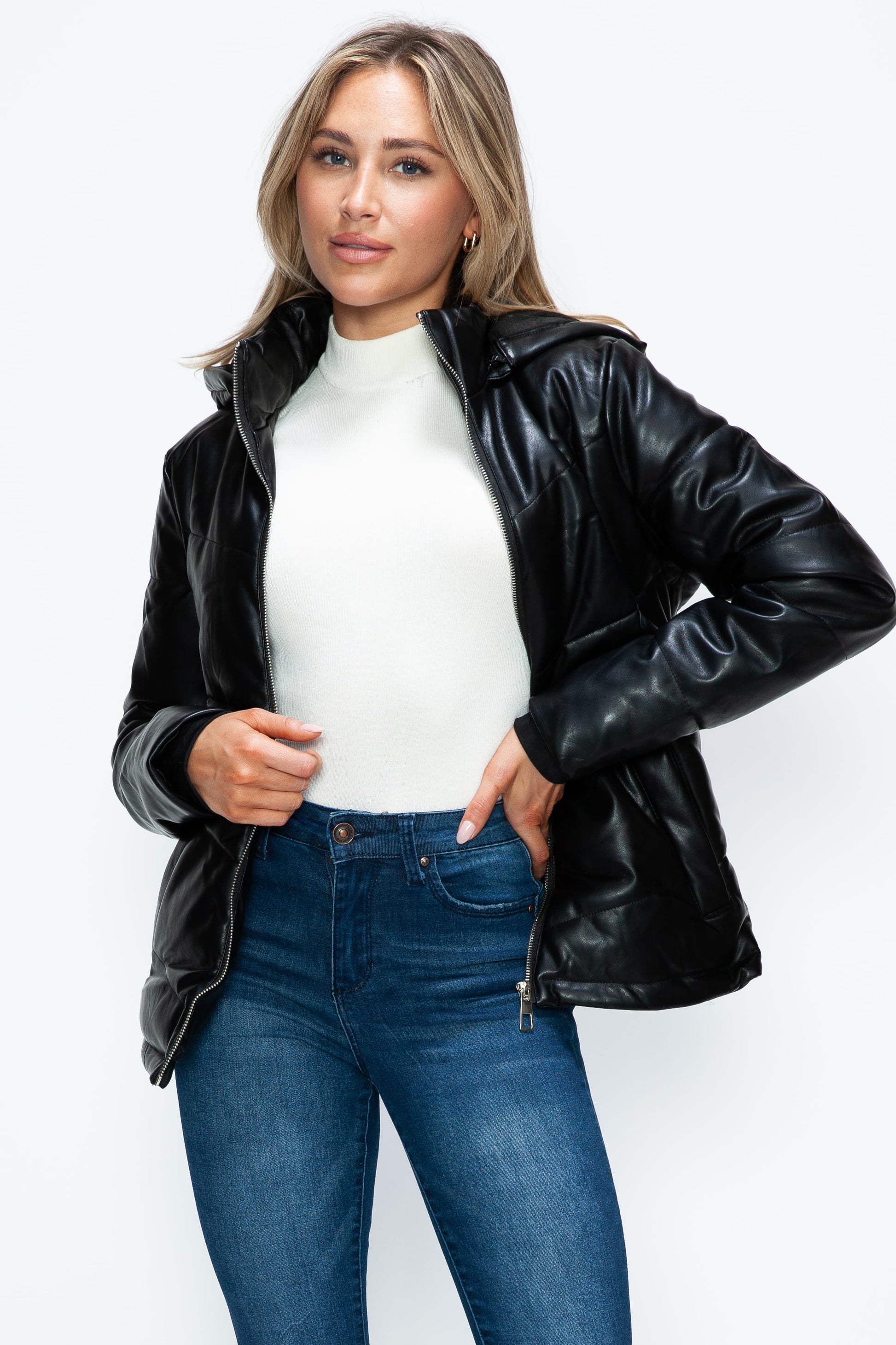 HOW DARE U - Black Vegan Leather Zip Up Puffer Jacket