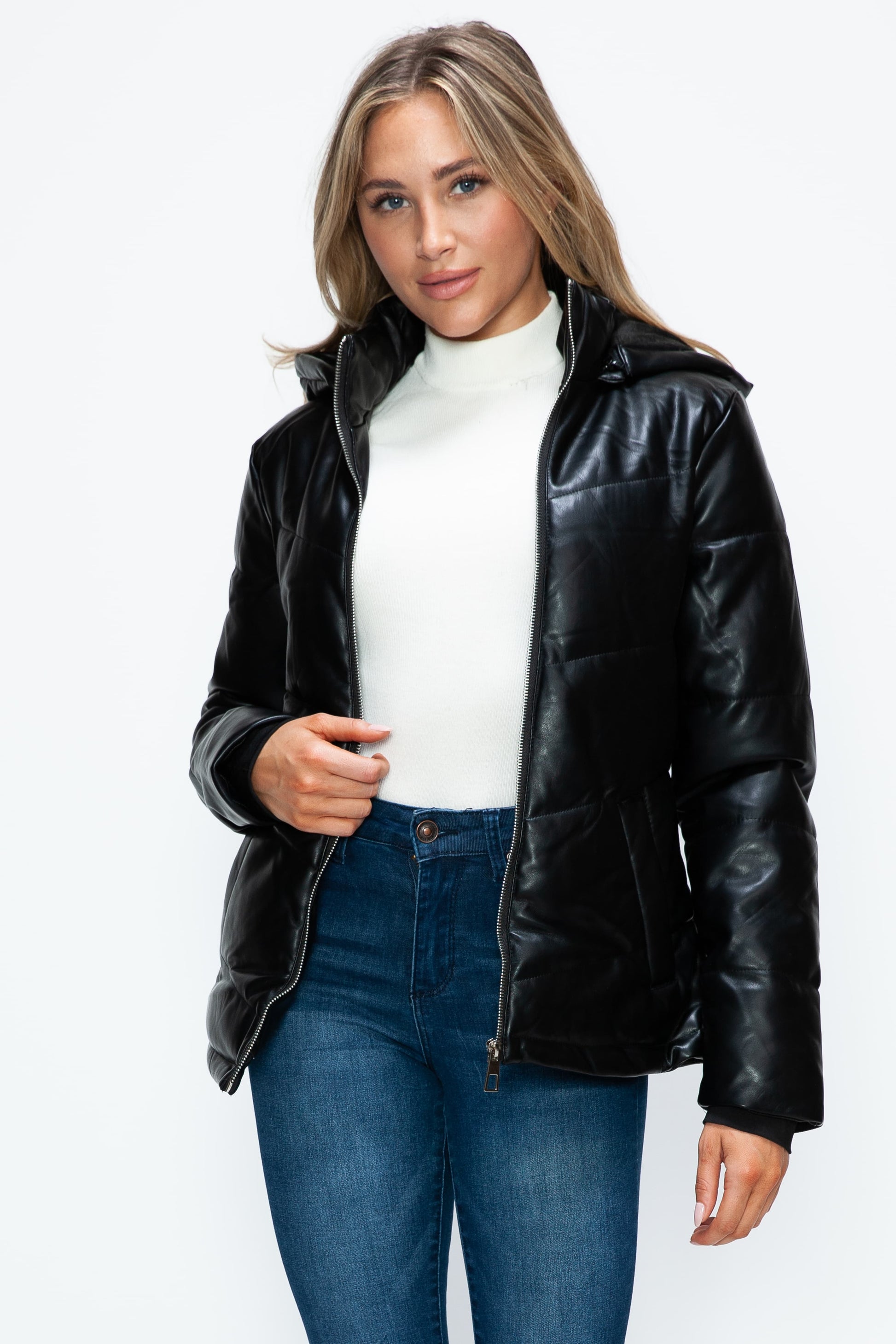 HOW DARE U - Black Vegan Leather Zip Up Puffer Jacket