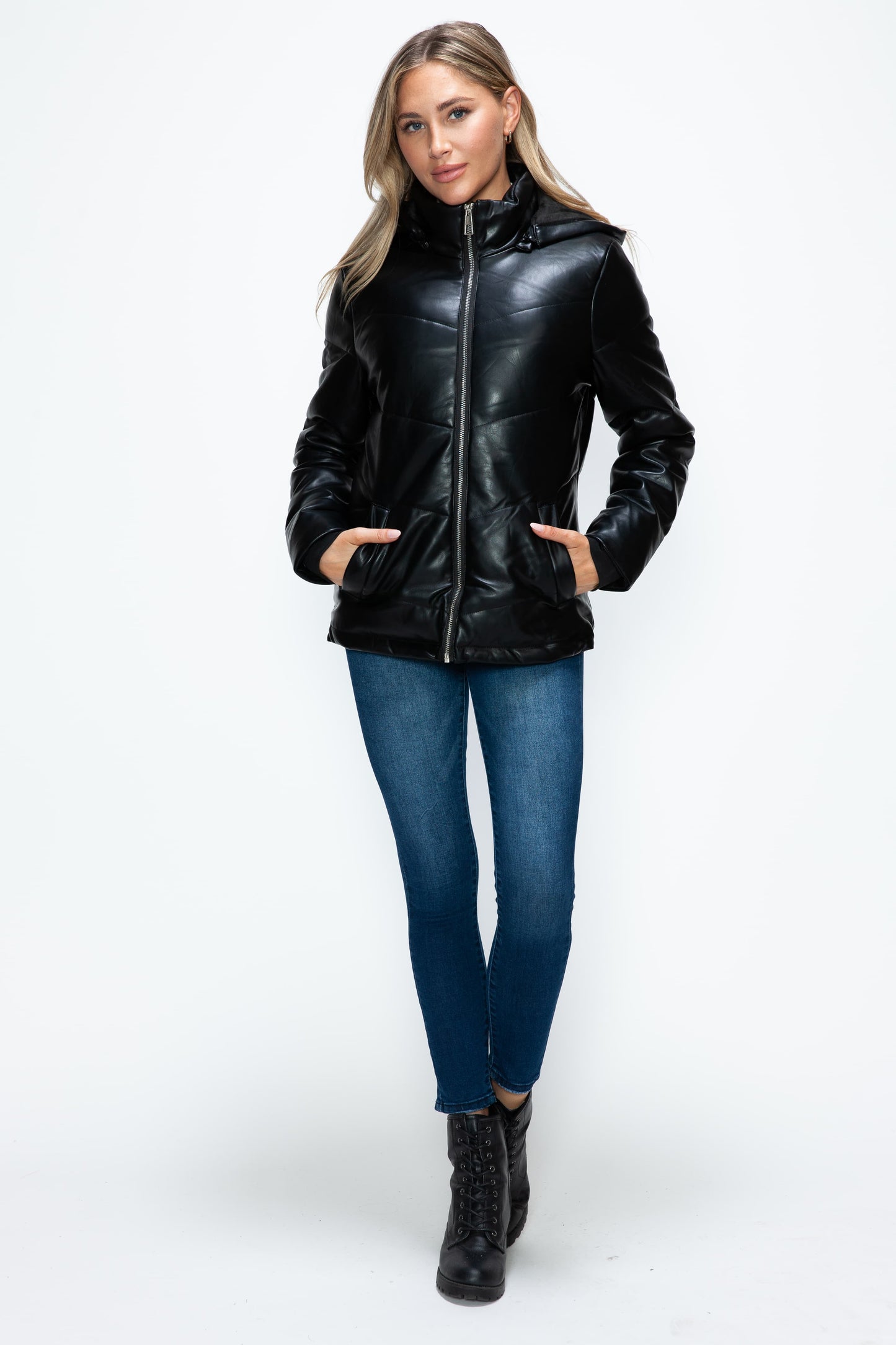 HOW DARE U - Black Vegan Leather Zip Up Puffer Jacket