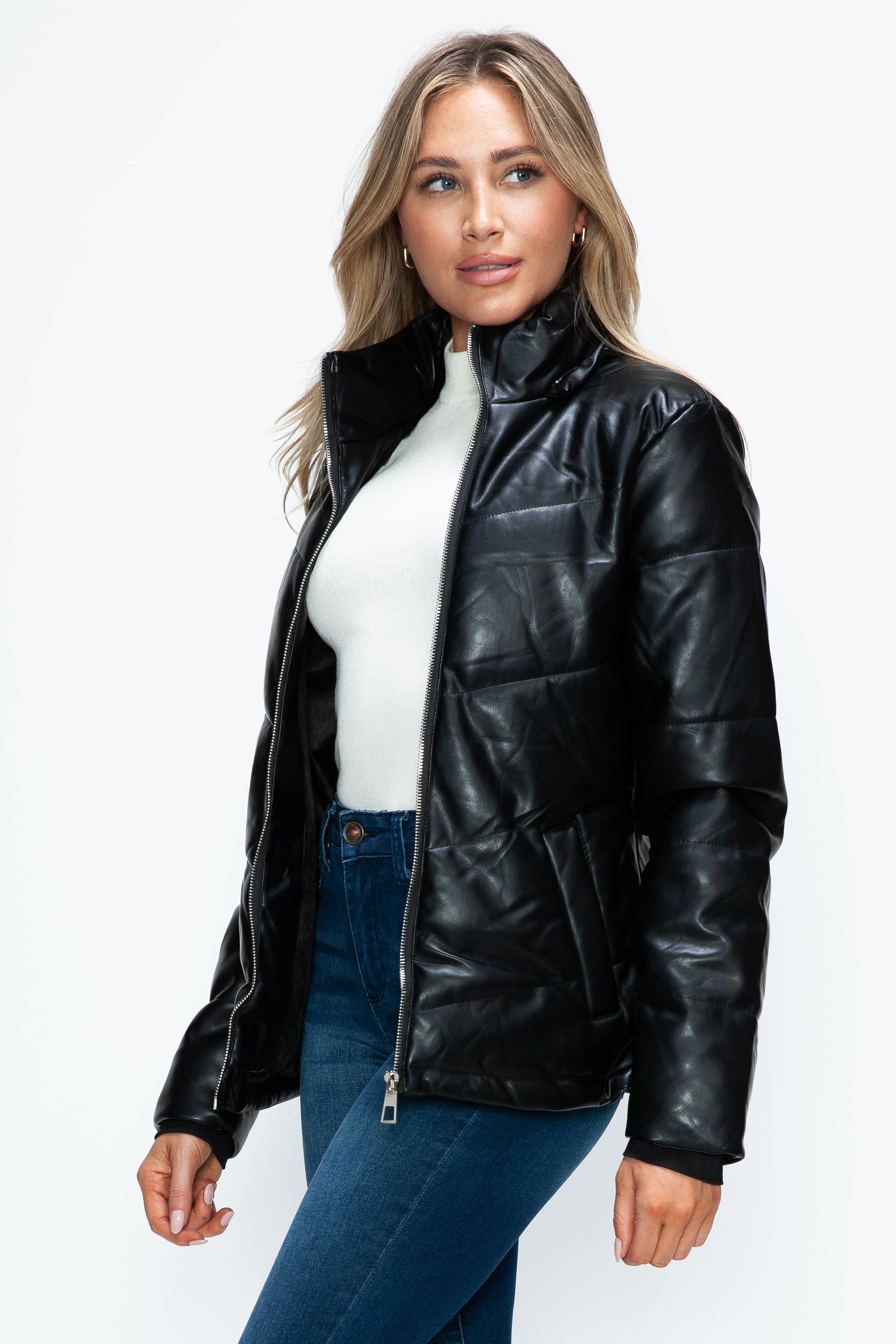 HOW DARE U - Black Vegan Leather Zip Up Puffer Jacket