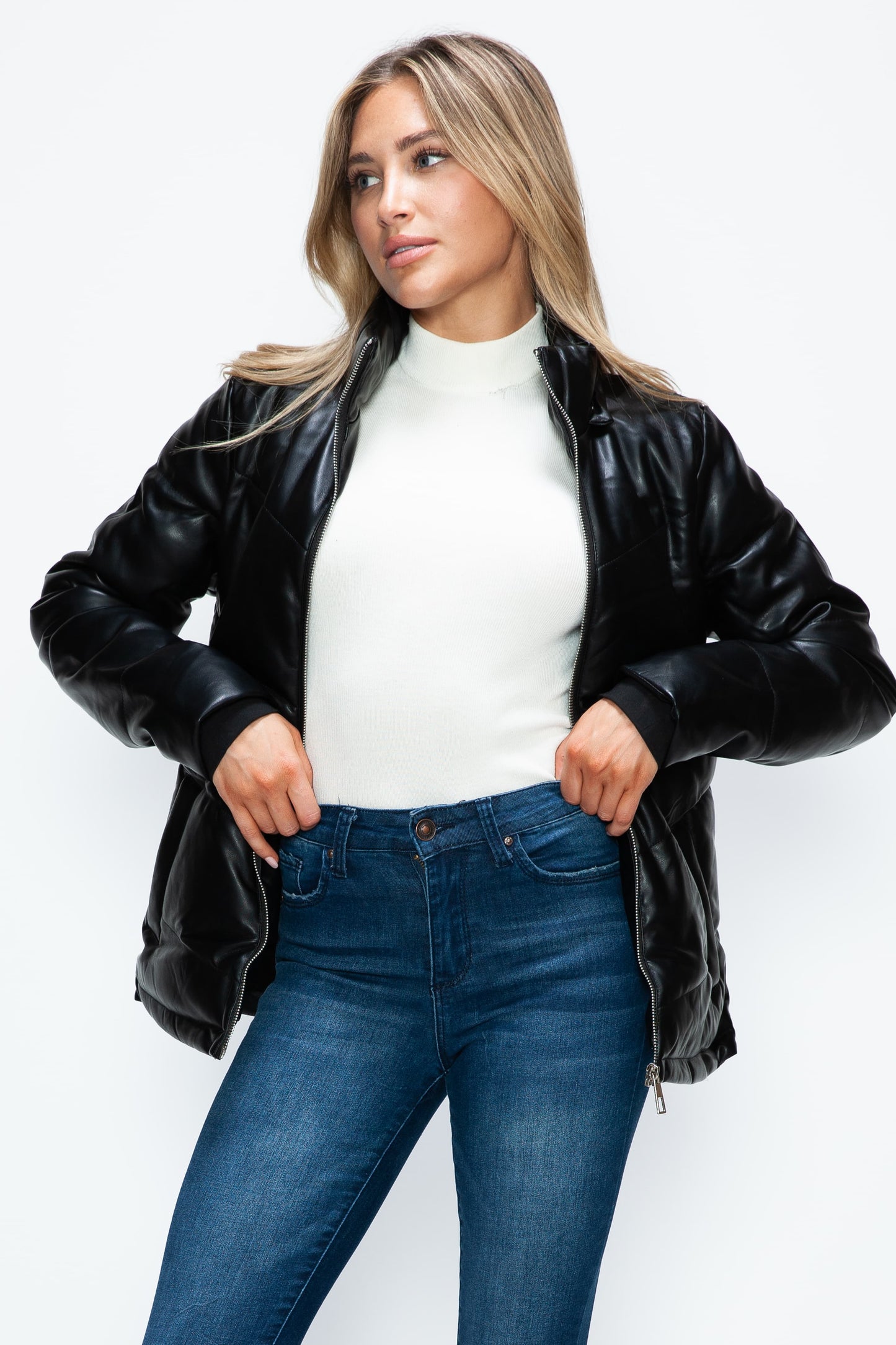 HOW DARE U - Black Vegan Leather Zip Up Puffer Jacket