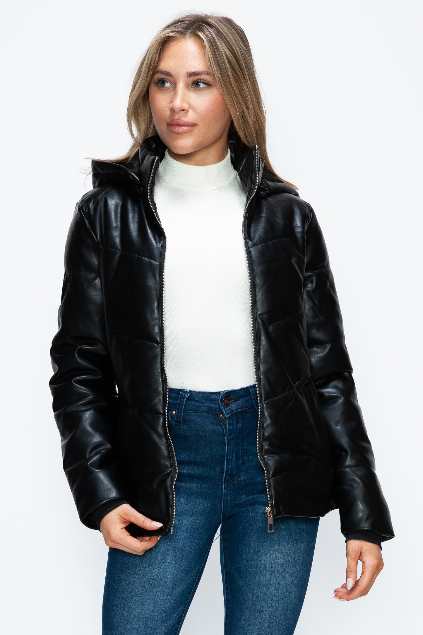 HOW DARE U - Black Vegan Leather Zip Up Puffer Jacket