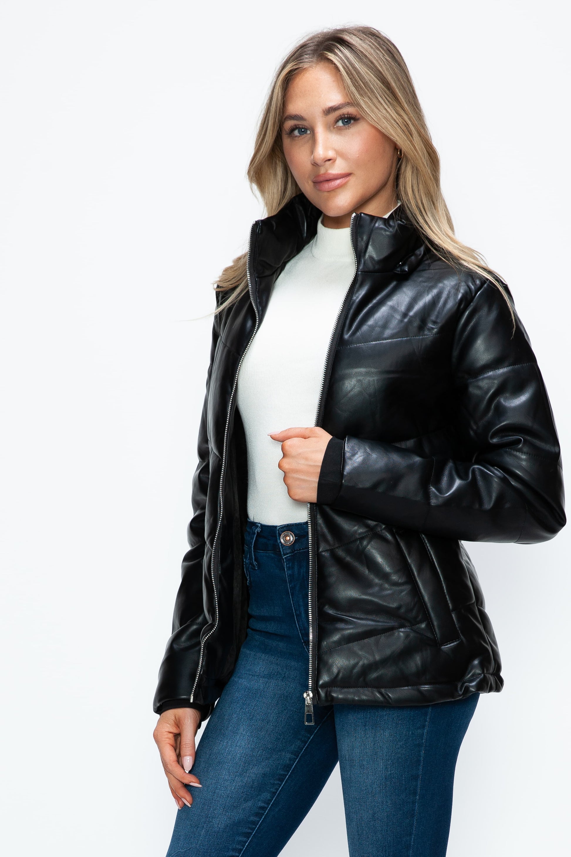 HOW DARE U - Black Vegan Leather Zip Up Puffer Jacket