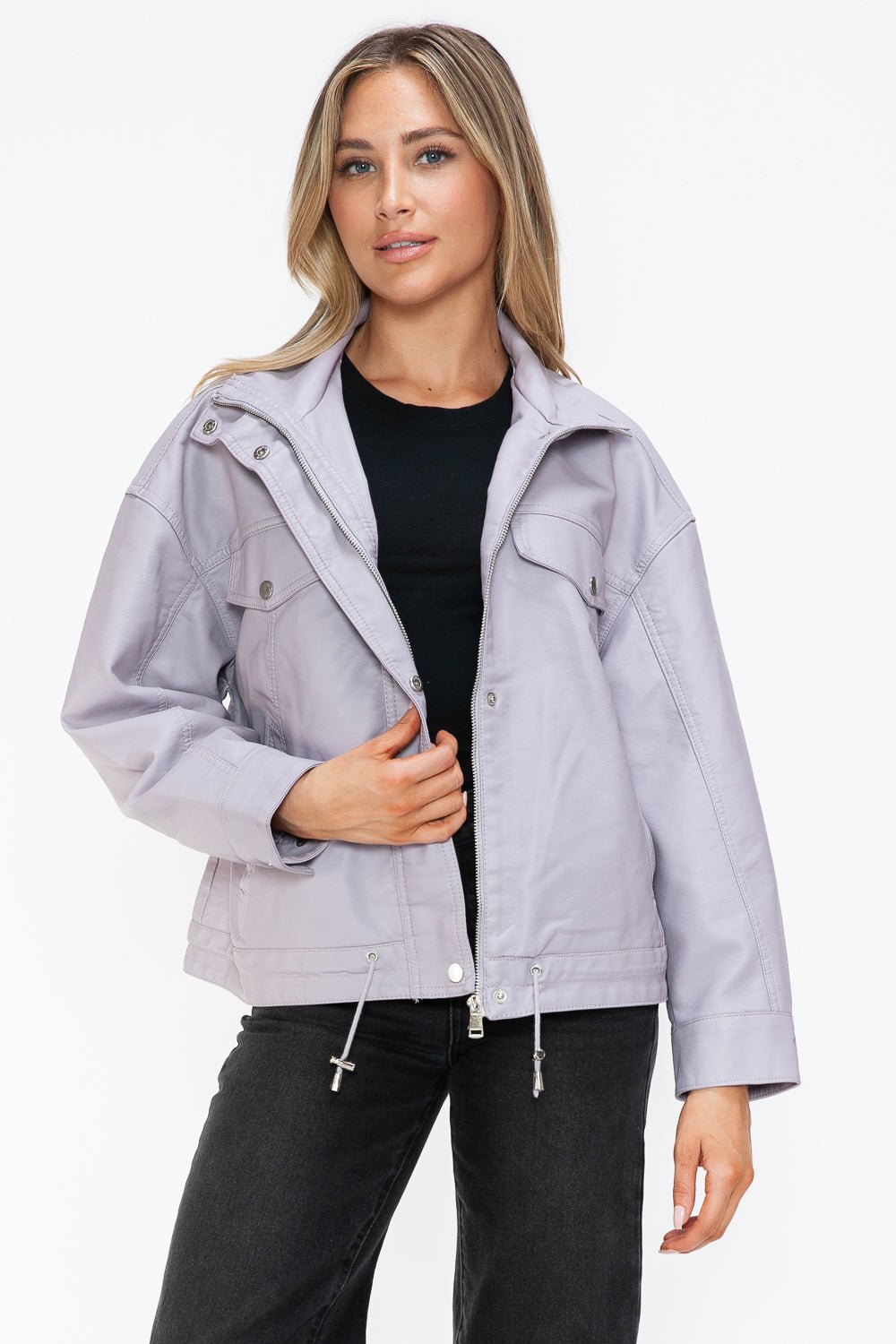 HOW DARE U - Drawstring Hem Vegan Leather Jacket in Lilac