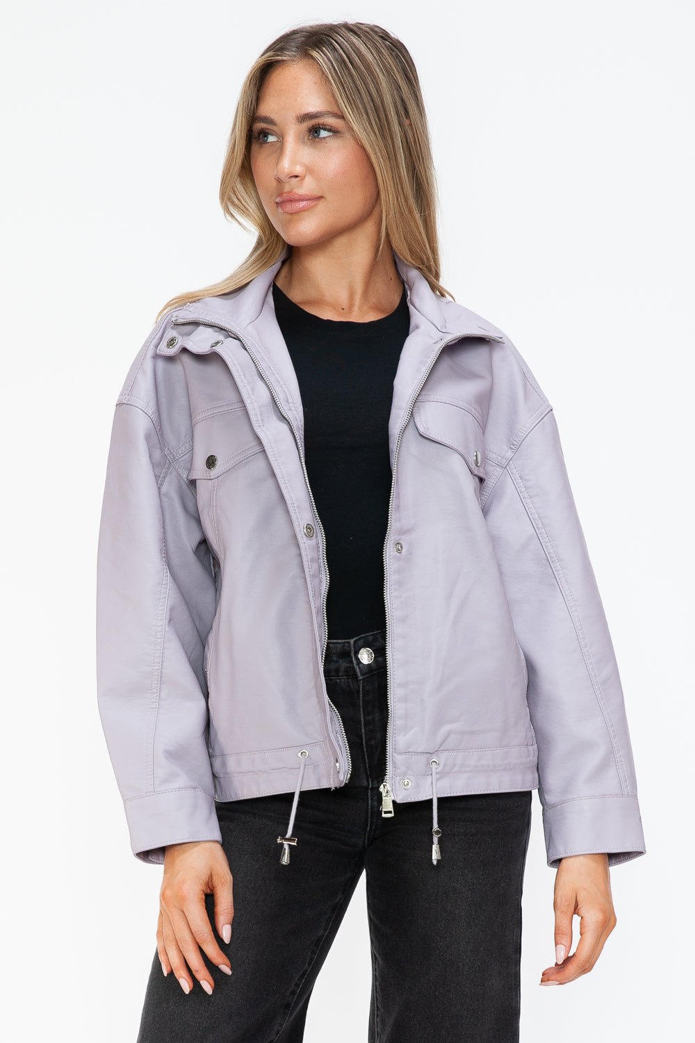 HOW DARE U - Drawstring Hem Vegan Leather Jacket in Lilac