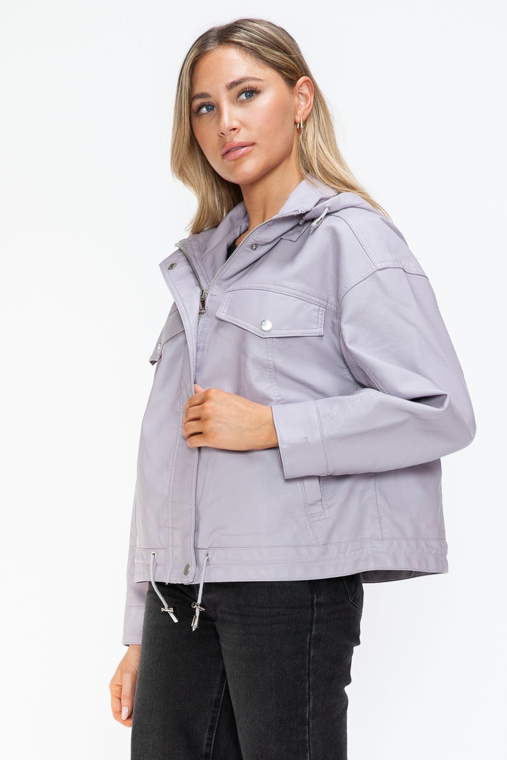 HOW DARE U - Drawstring Hem Vegan Leather Jacket in Lilac