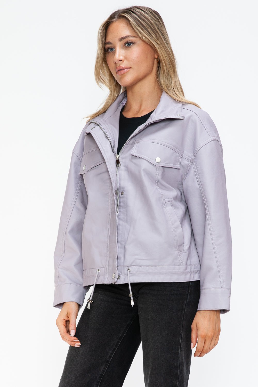 HOW DARE U - Drawstring Hem Vegan Leather Jacket in Lilac