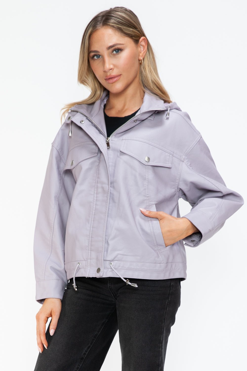 HOW DARE U - Drawstring Hem Vegan Leather Jacket in Lilac