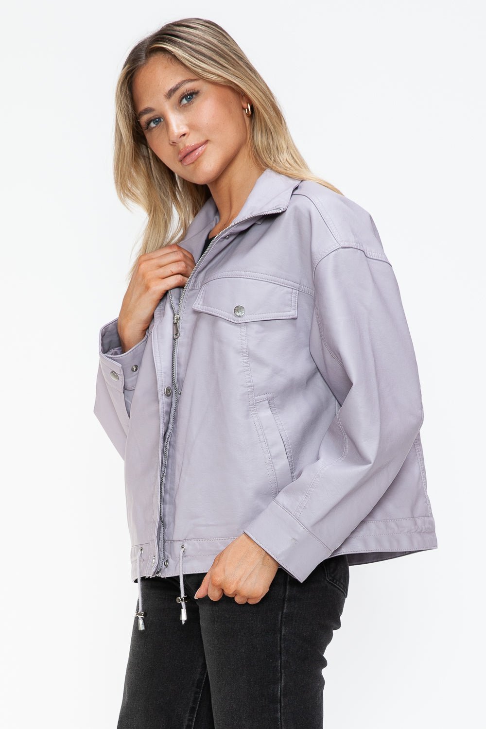 HOW DARE U - Drawstring Hem Vegan Leather Jacket in Lilac